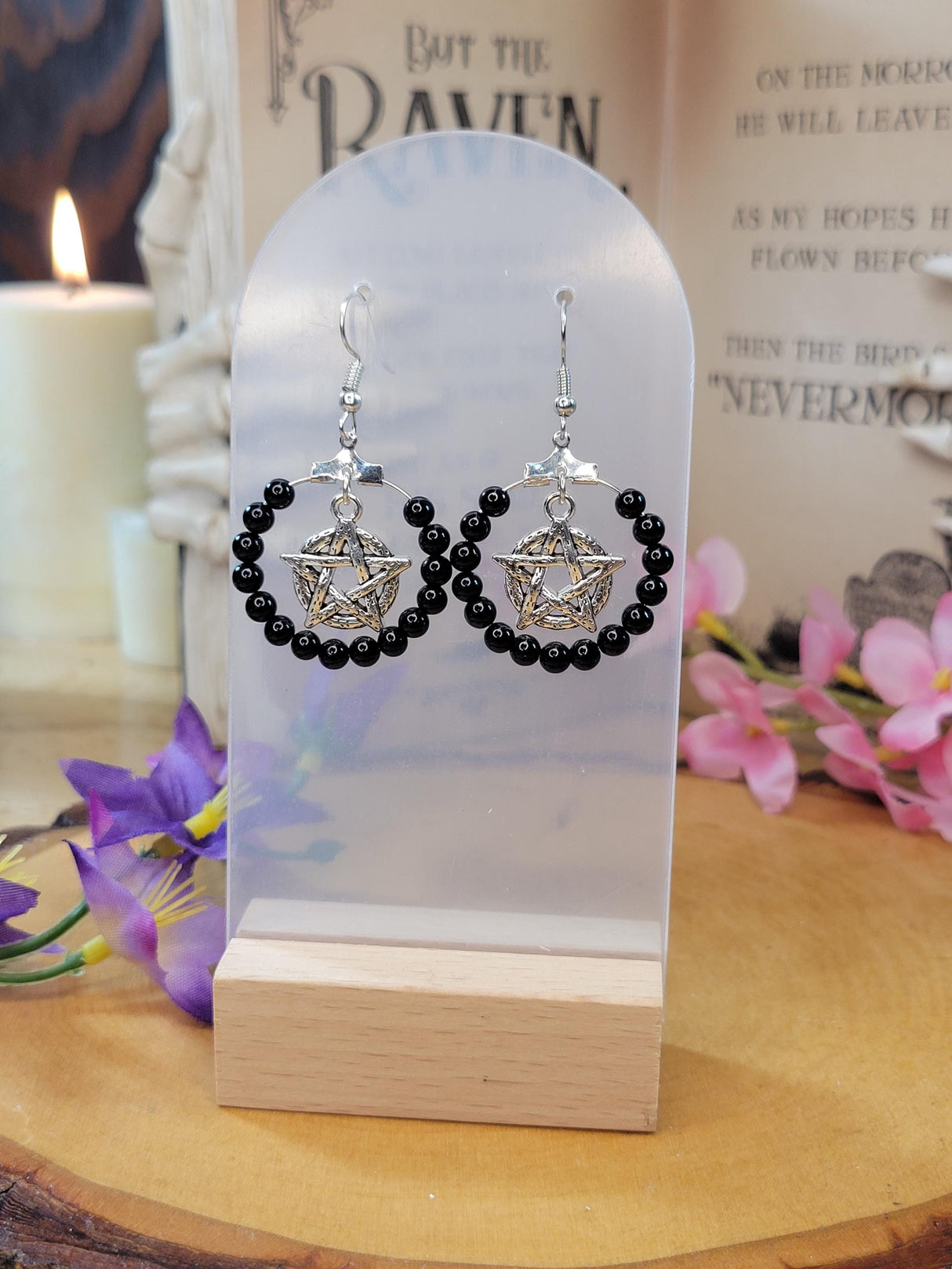 Pentagram Onyx Beads Earring Hoops, Witchy Earrings