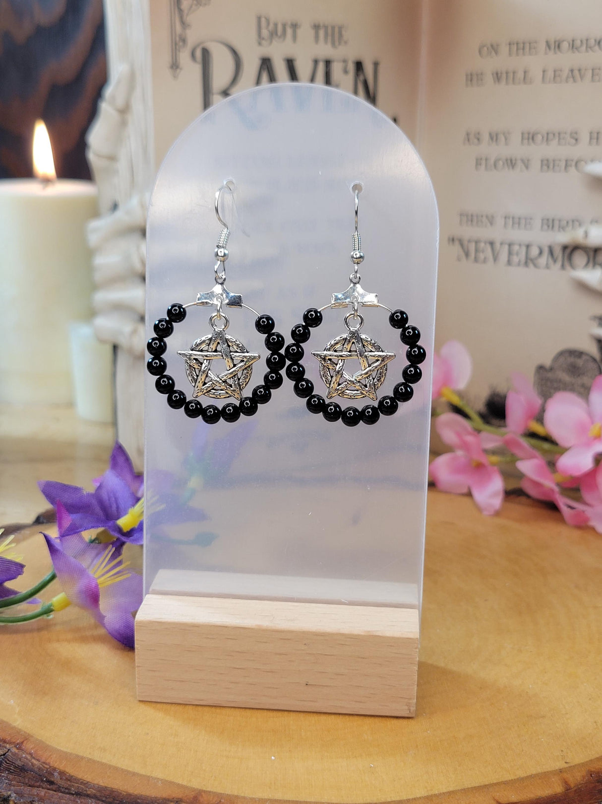 Pentagram Onyx Beads Earring Hoops, Witchy Earrings