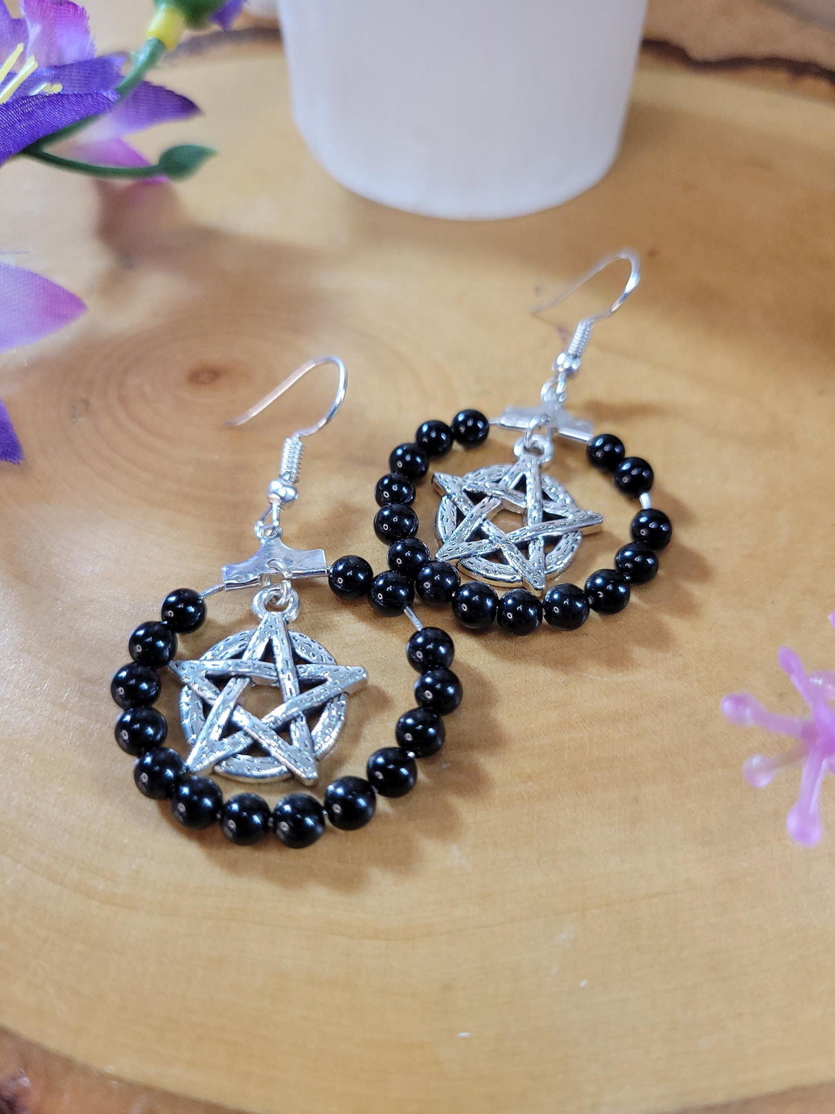 Pentagram Onyx Beads Earring Hoops, Witchy Earrings