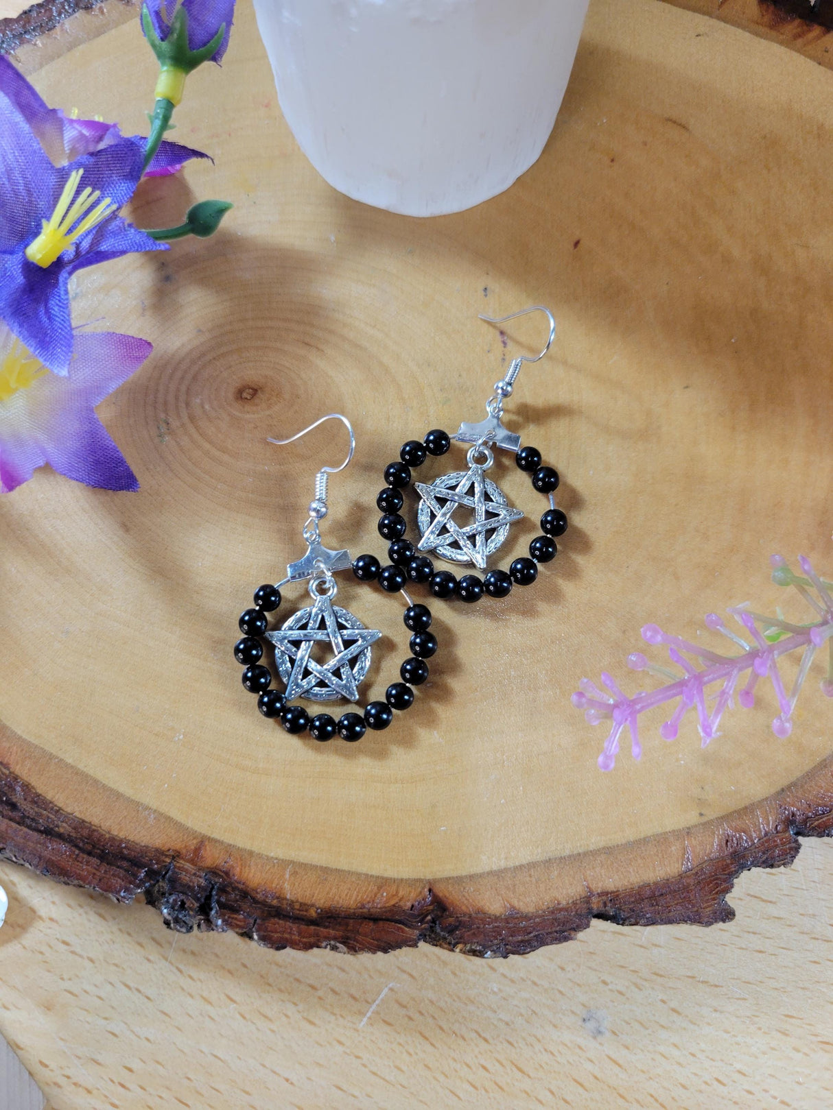 Pentagram Onyx Beads Earring Hoops, Witchy Earrings