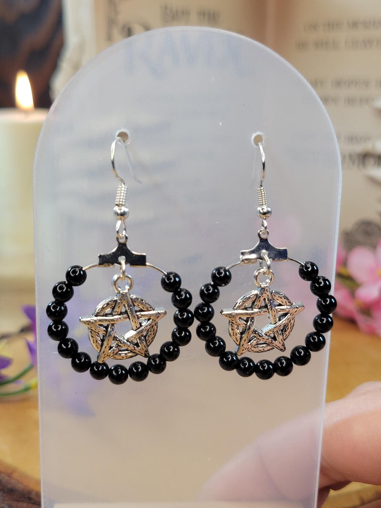 Pentagram Onyx Beads Earring Hoops, Witchy Earrings