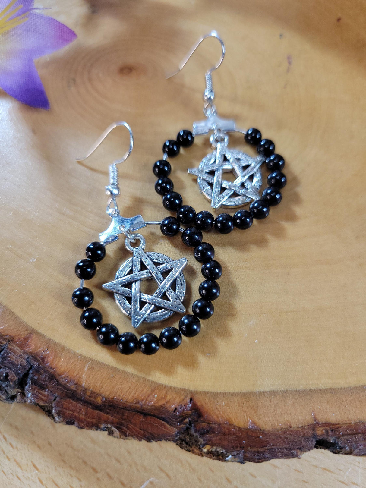 Pentagram Onyx Beads Earring Hoops, Witchy Earrings