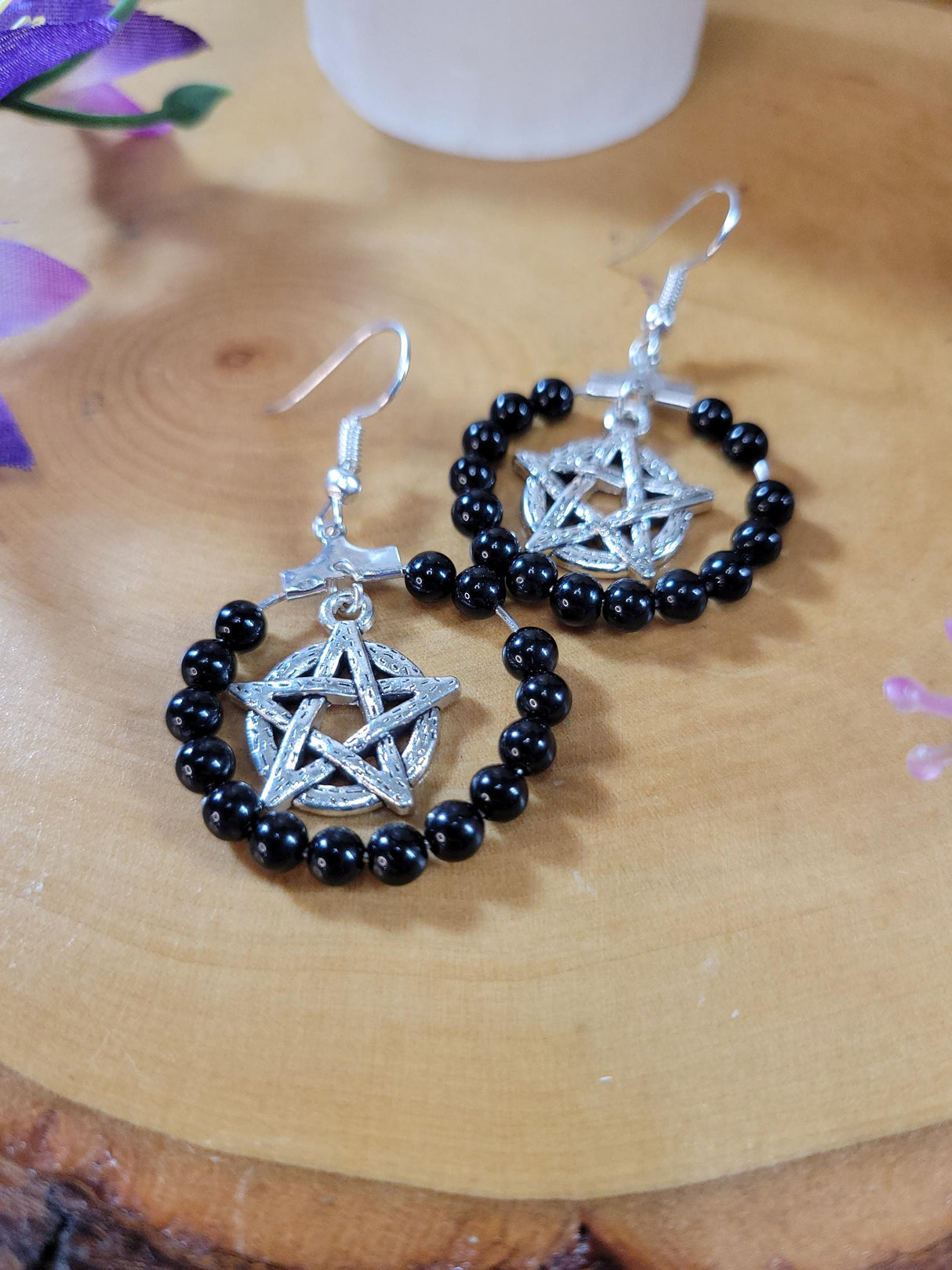 Pentagram Onyx Beads Earring Hoops, Witchy Earrings