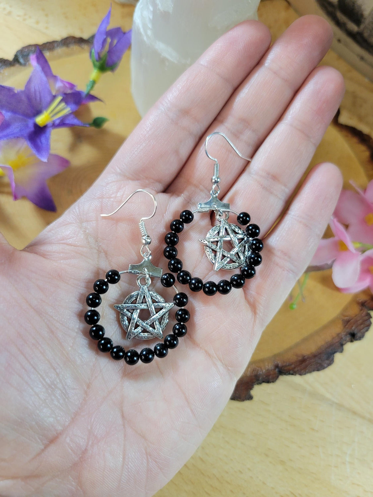 Pentagram Onyx Beads Earring Hoops, Witchy Earrings