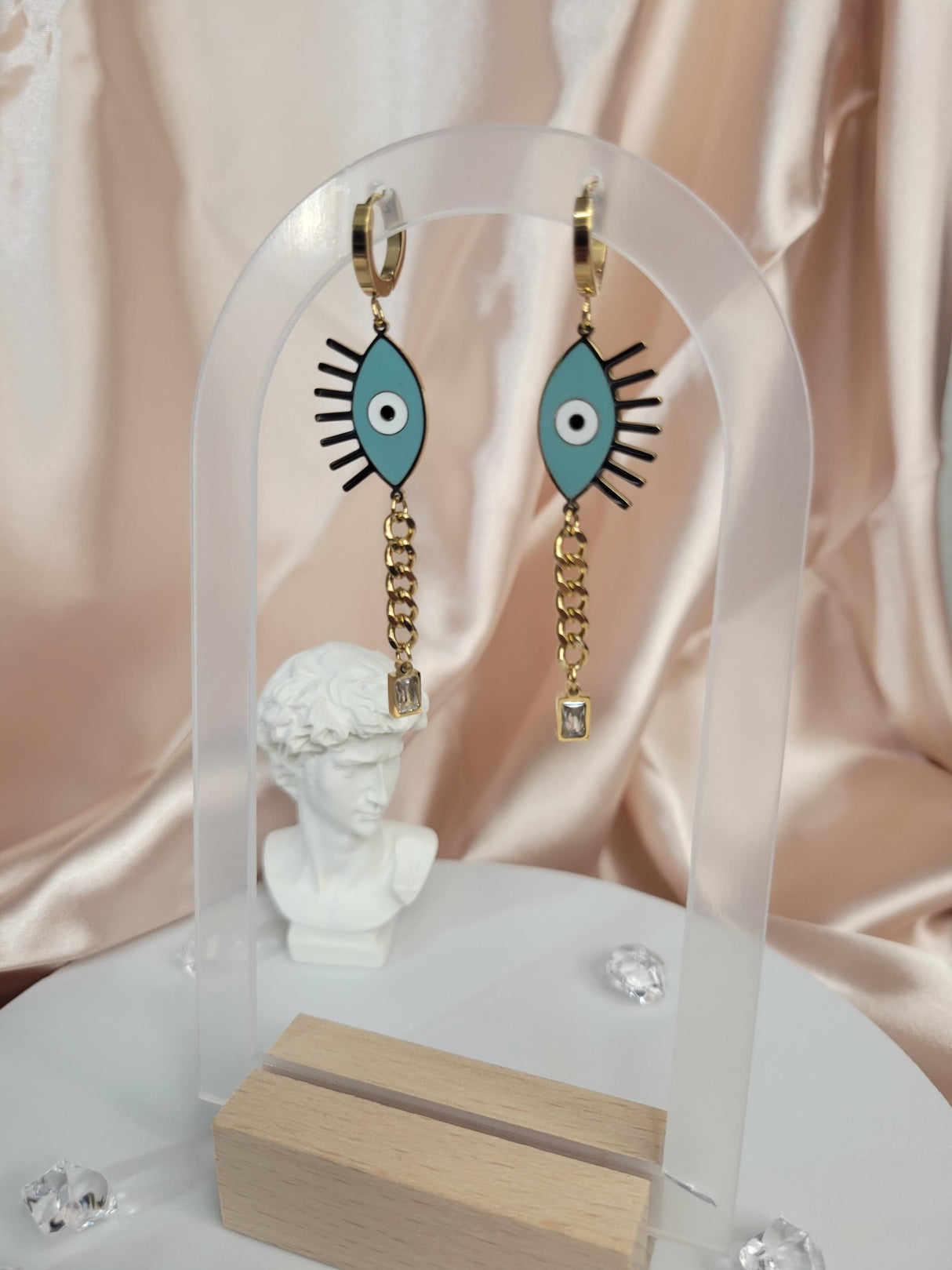 Evil Eye Protection Earrings, Aqua Resin Eye, Gold Plated Stainless Steel, Fashionable Gift for Women