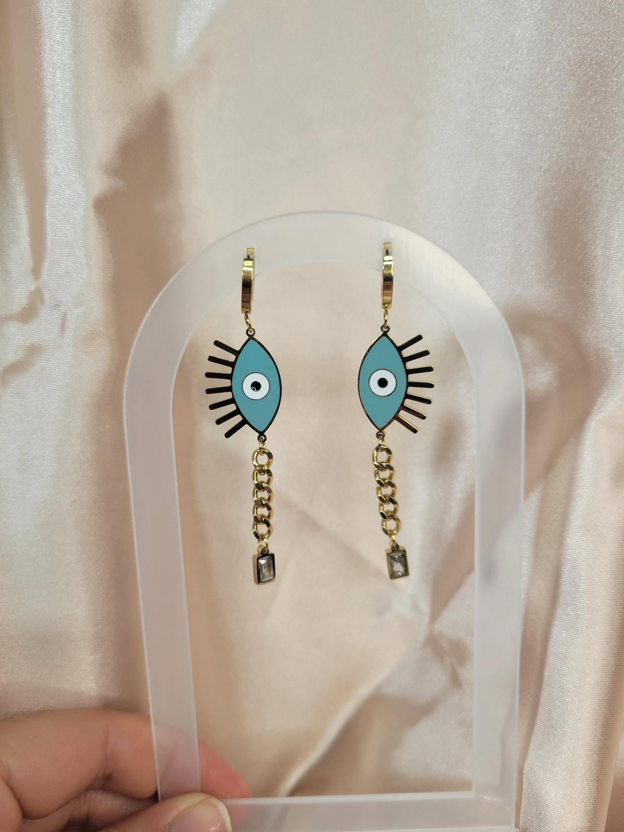 Evil Eye Protection Earrings, Aqua Resin Eye, Gold Plated Stainless Steel, Fashionable Gift for Women