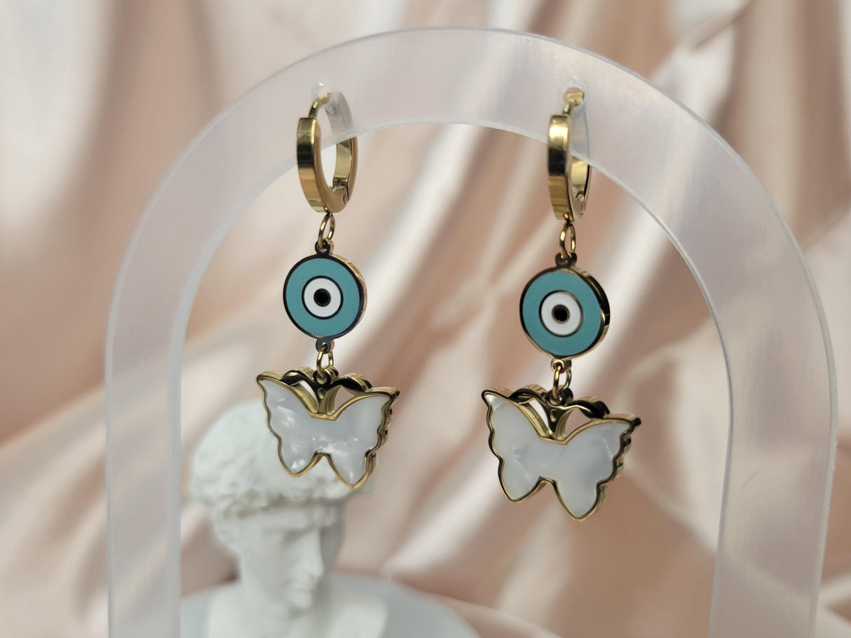 Butterfly Evil Eye Gold Earrings – Handcrafted Resin & Stainless Steel ,Spiritual Gift for Women Summer Jewelry