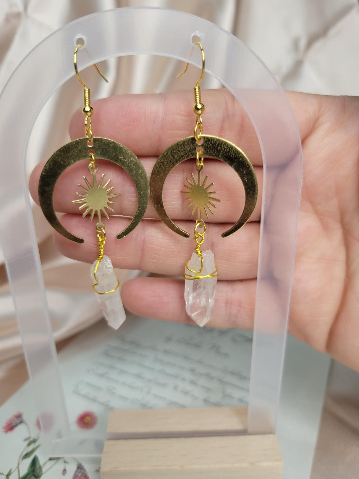 Clear Quartz Moon Sun Earrings, Raw Crystal, Gold Plated