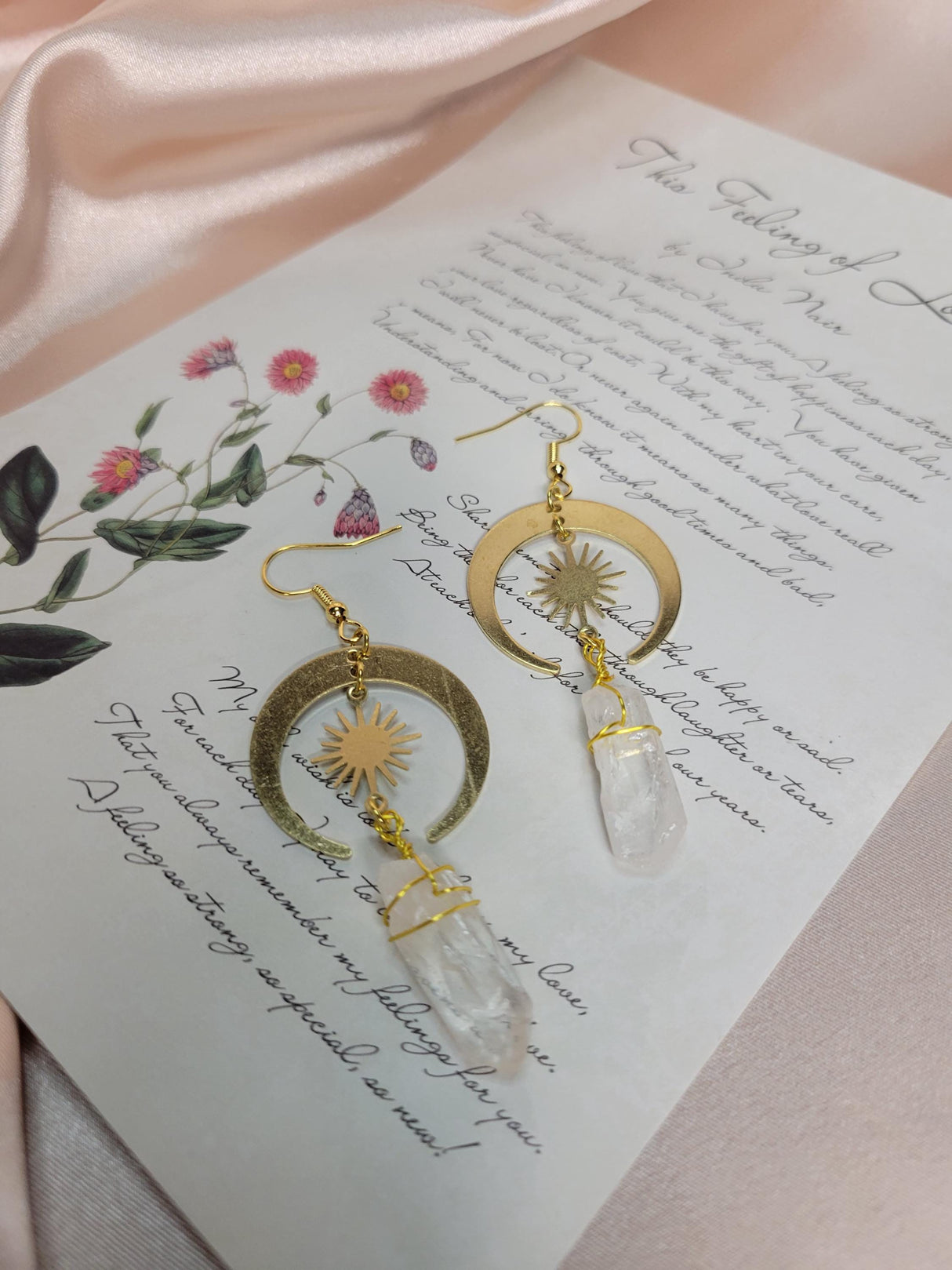 Clear Quartz Moon Sun Earrings, Raw Crystal, Gold Plated