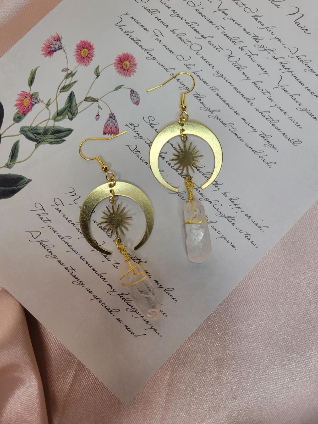 Clear Quartz Moon Sun Earrings, Raw Crystal, Gold Plated