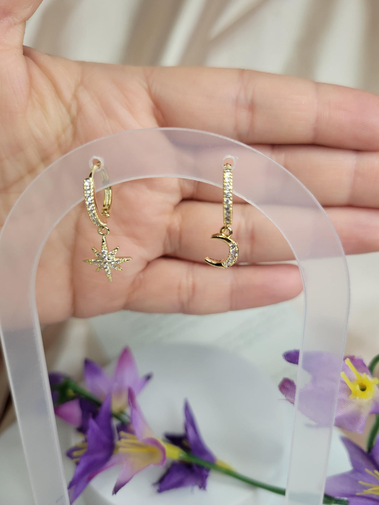 Mismatched Star and Moon Earrings - Handmade Copper Zircon Dangle Jewelry, Boho Celestial Gift for Birthday