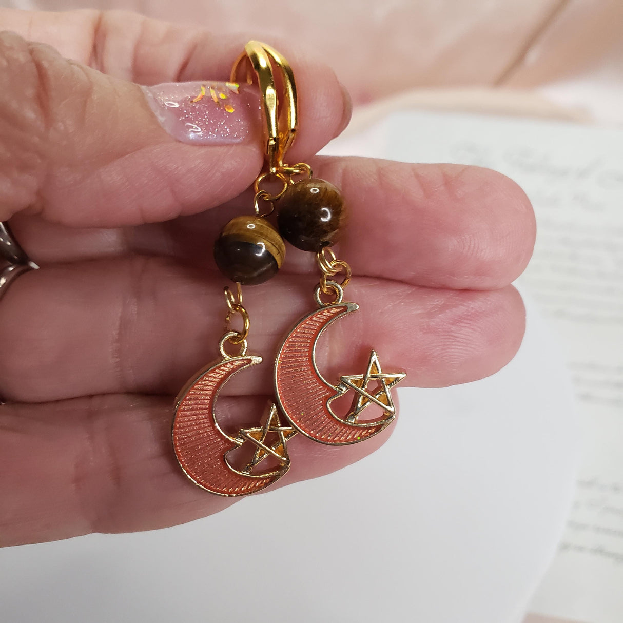 Star and Moon Earrings Handmade with Tiger Eye, Gold Charm, Astrology Lovers