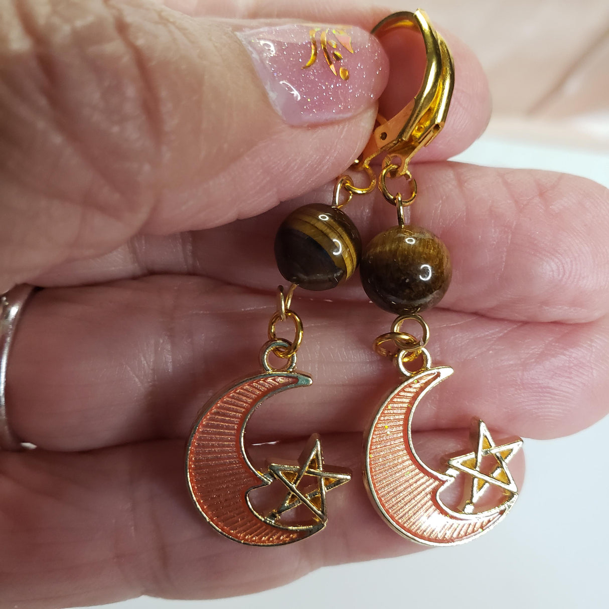 Star and Moon Earrings Handmade with Tiger Eye, Gold Charm, Astrology Lovers
