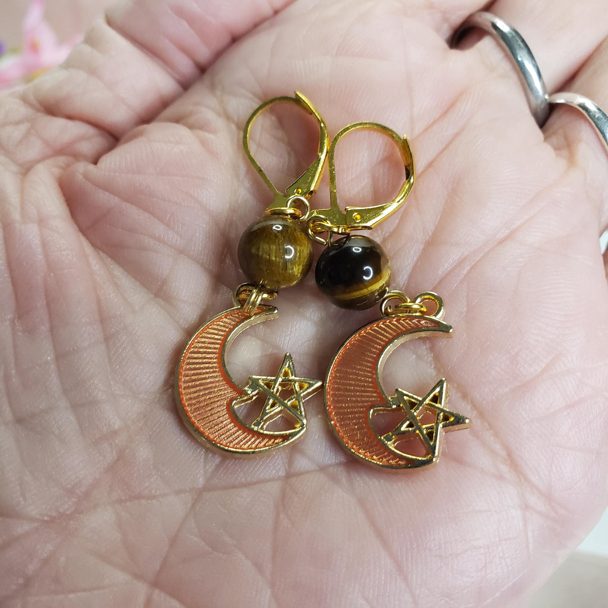 Star and Moon Earrings Handmade with Tiger Eye, Gold Charm, Astrology Lovers