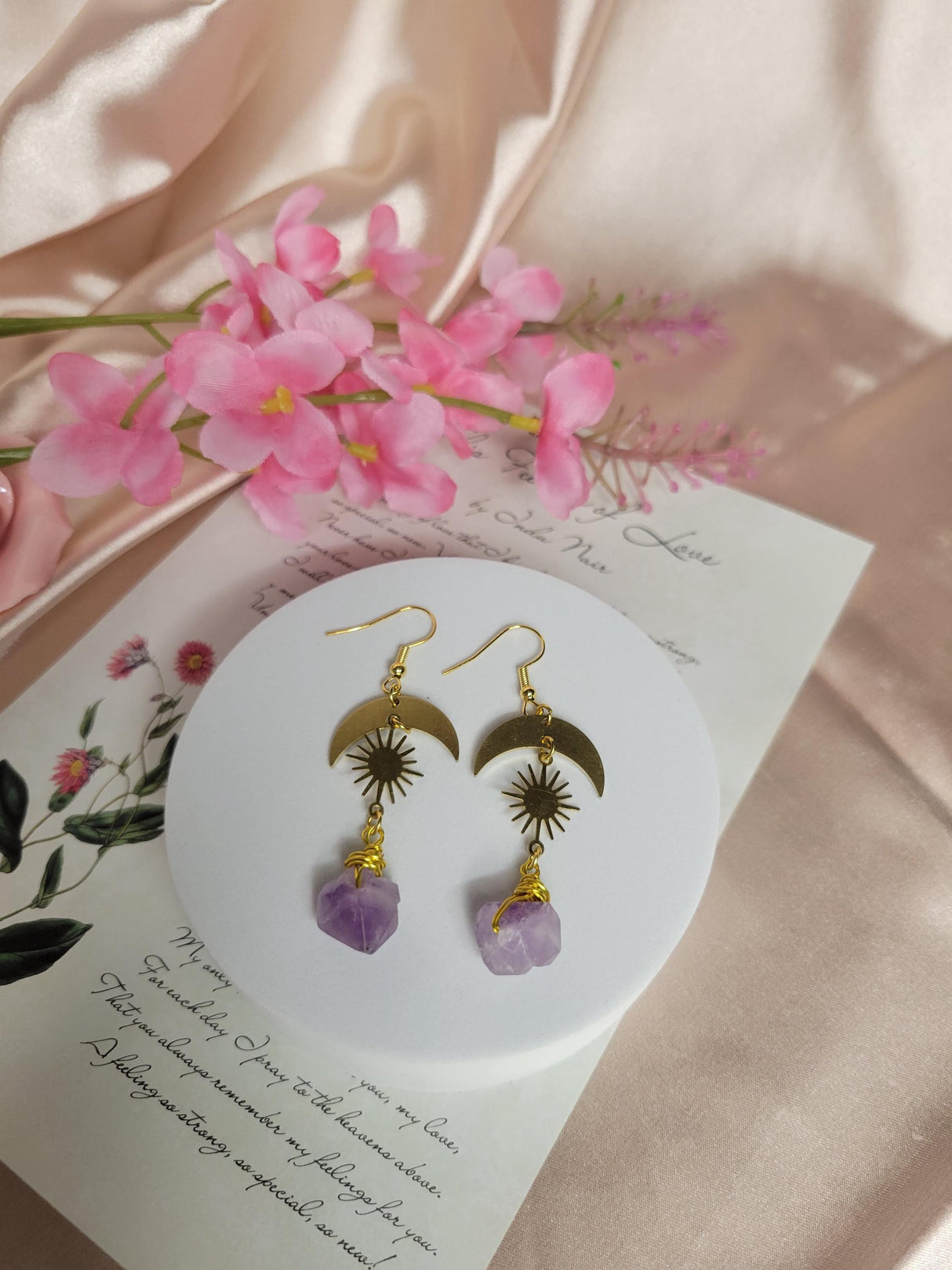 Amethyst Moon and Sun Raw Crystal Earring, Handcrafted Crystal Earrings, Meditation Jewelry, Unique Gift for Women, Spiritual Accessory