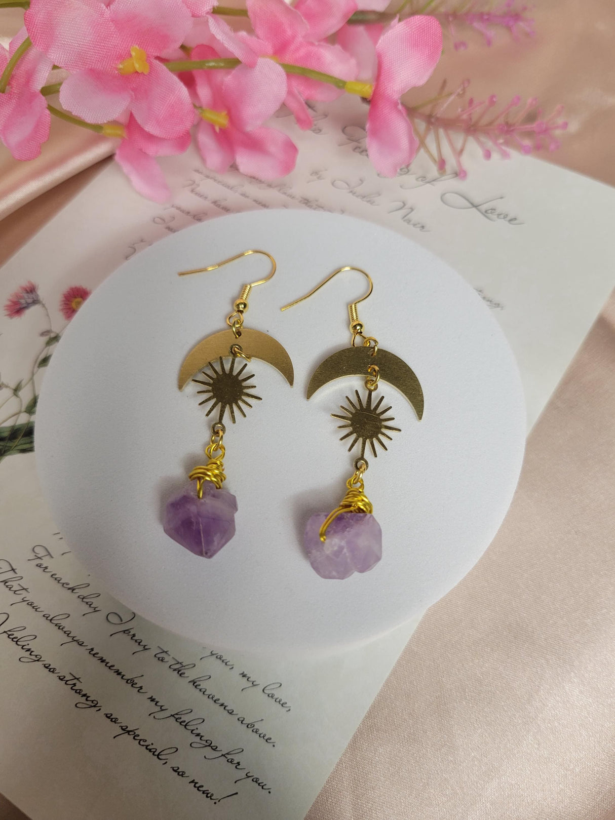 Amethyst Moon and Sun Raw Crystal Earring, Handcrafted Crystal Earrings, Meditation Jewelry, Unique Gift for Women, Spiritual Accessory