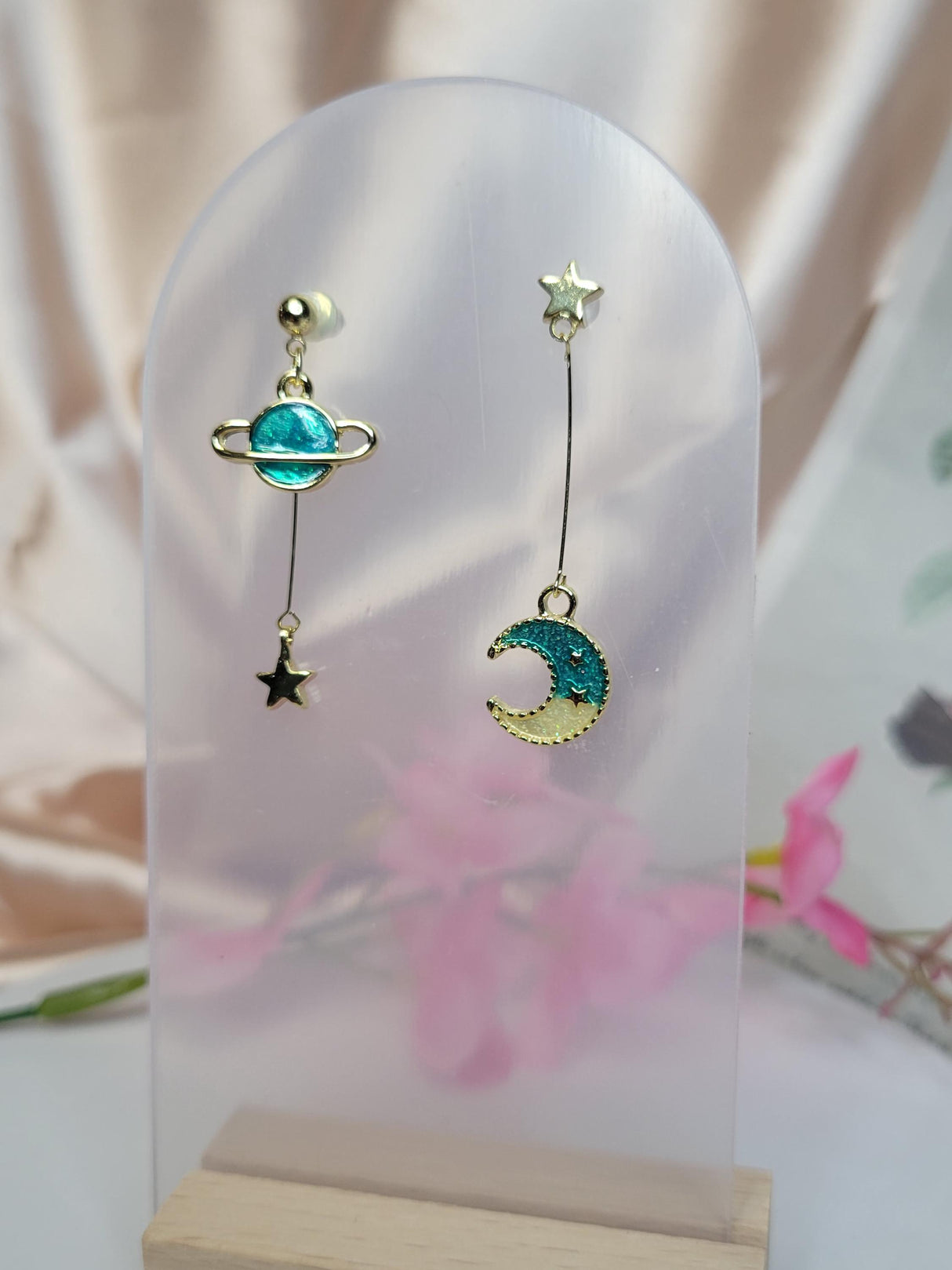 Celestial Mismatch Earrings, Planet and Moon with Stars in Green and Rose, Cosmic Jewelry