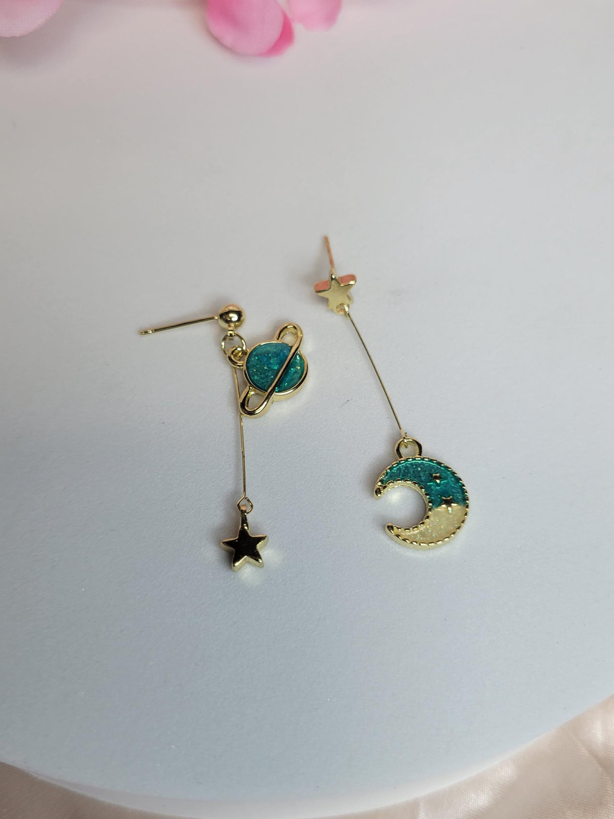 Celestial Mismatch Earrings, Planet and Moon with Stars in Green and Rose, Cosmic Jewelry