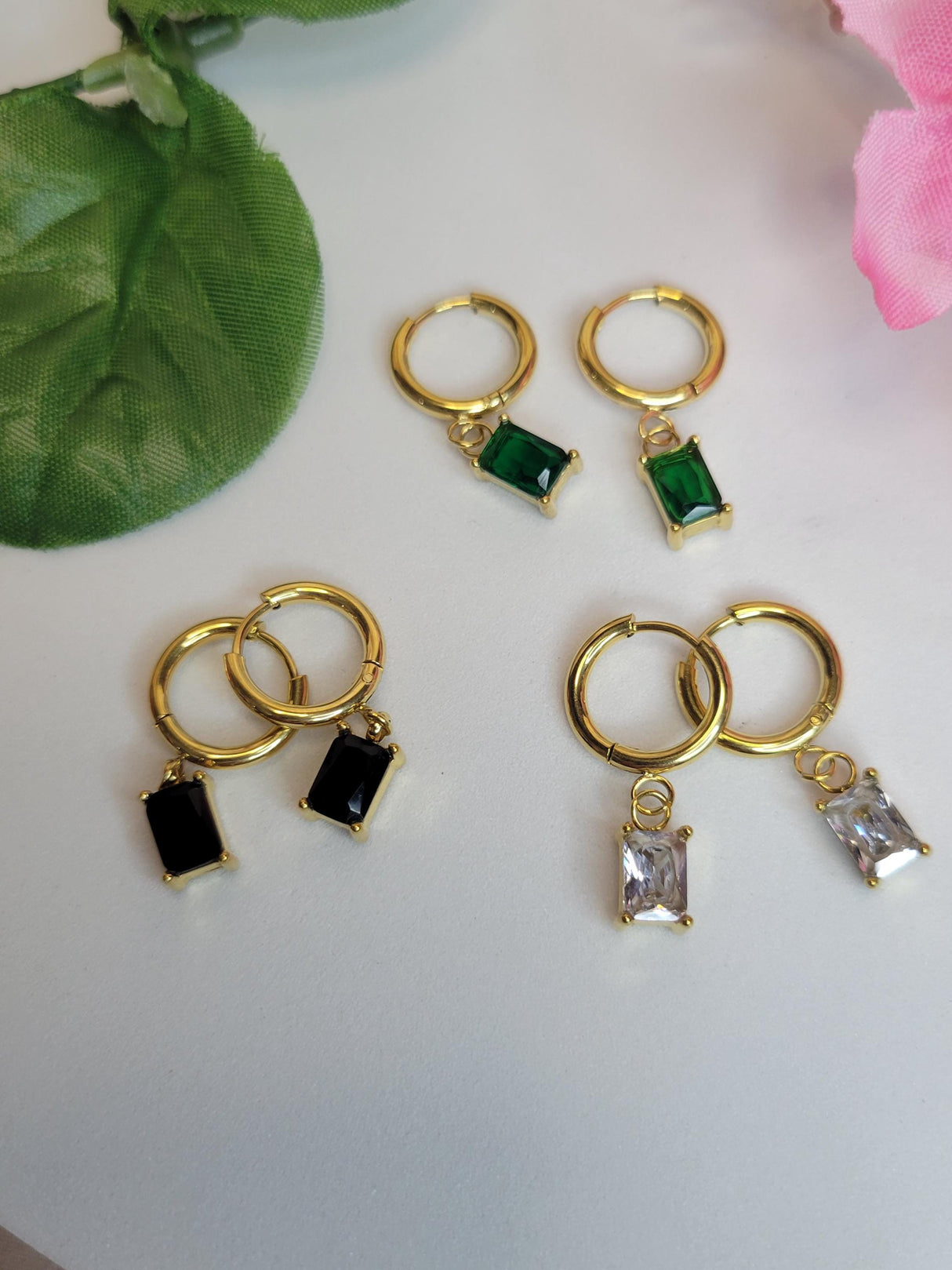 Modern Mystic Hoops - Gold Tone Earrings with Rectangular White & Green Stones, Boho Chic Jewelry
