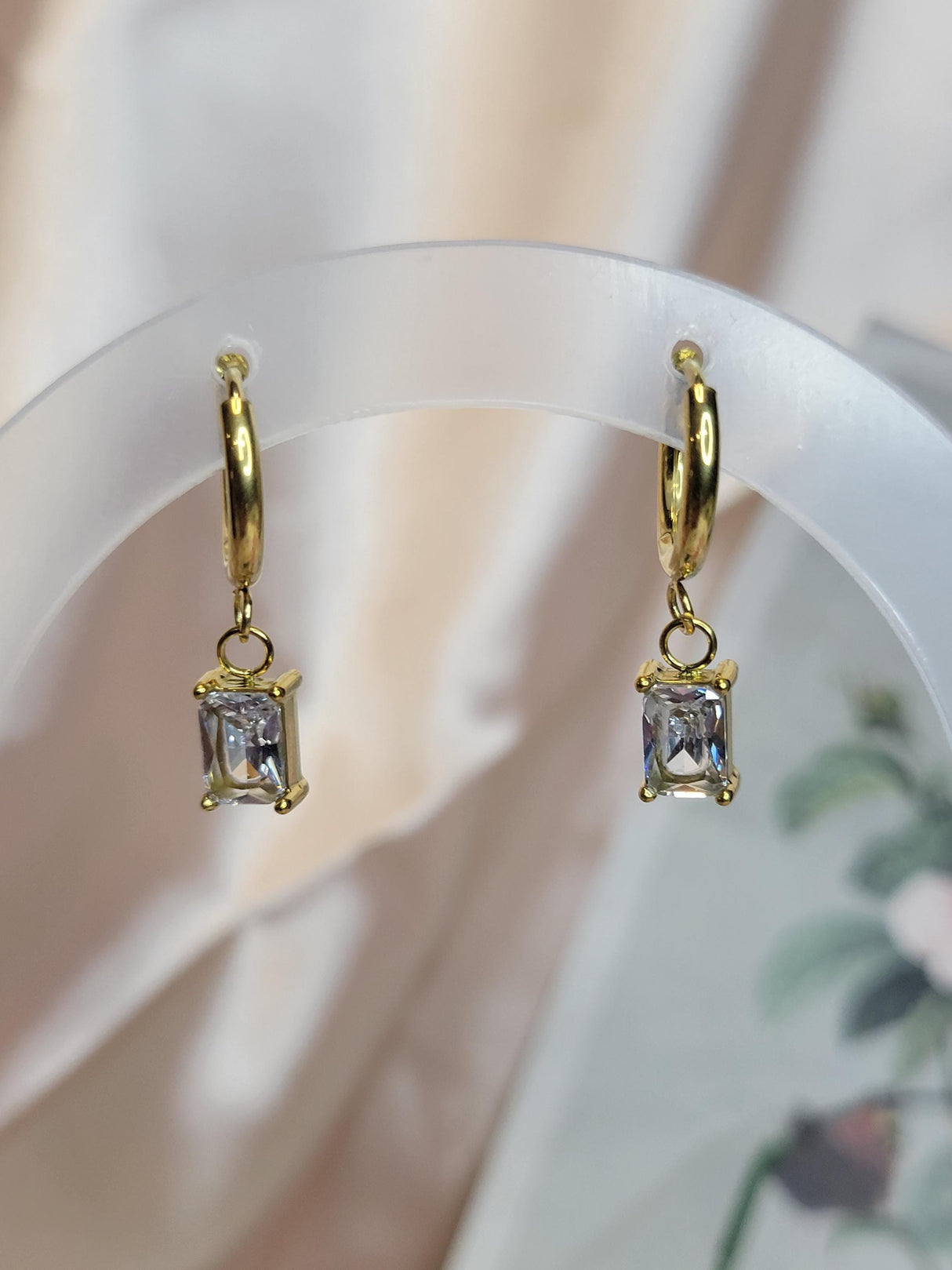 Modern Mystic Hoops - Gold Tone Earrings with Rectangular White & Green Stones, Boho Chic Jewelry
