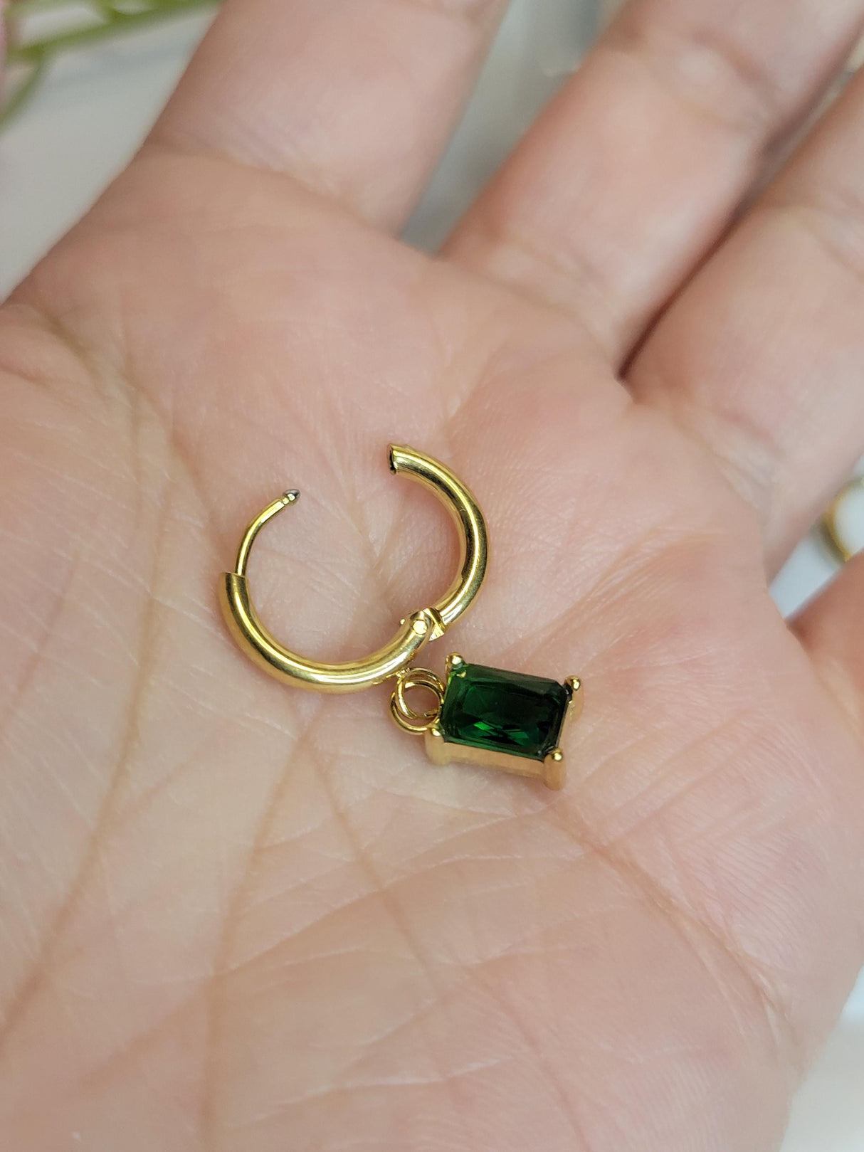 Modern Mystic Hoops - Gold Tone Earrings with Rectangular White & Green Stones, Boho Chic Jewelry