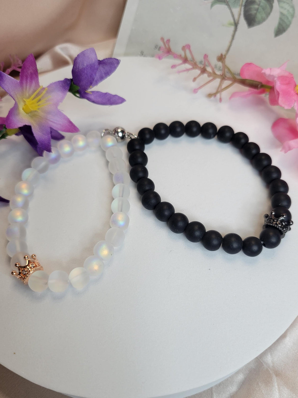 Handmade Set Black & White Beaded Jewelry for Him and Her-Couple Bracelet Set-Handmade Bracelets for Lovers