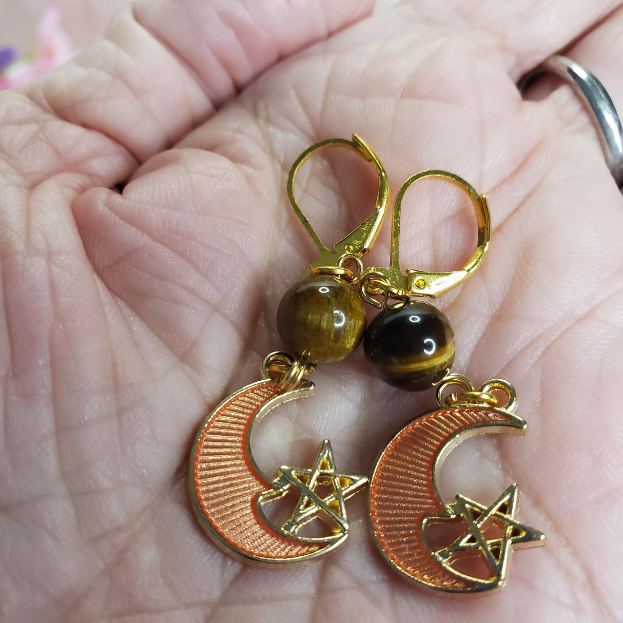 Star and Moon Earrings Handmade with Tiger Eye, Gold Charm, Astrology Lovers