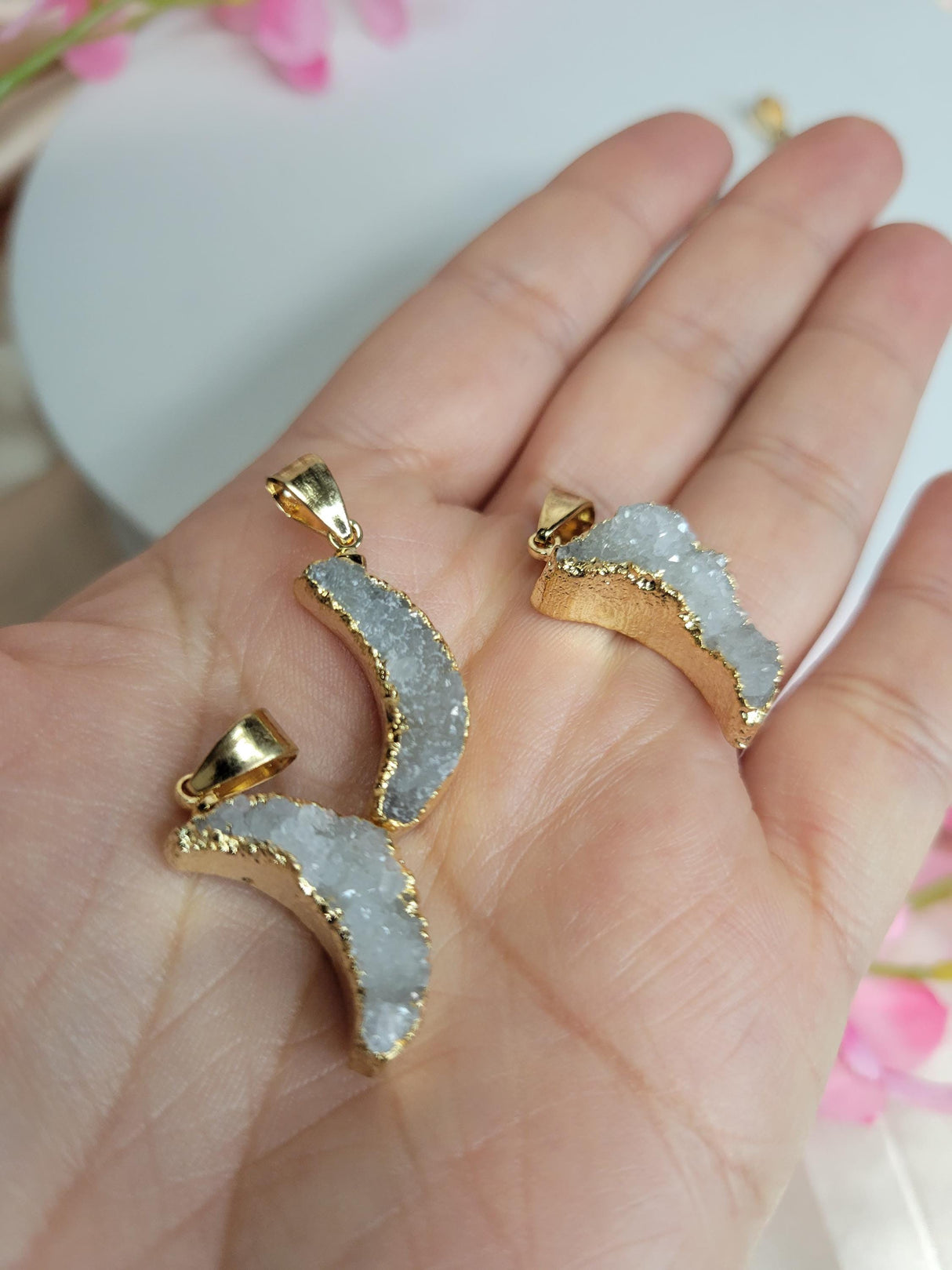 Gold Electroplated Druzy Crescent Moon Pendant – Raw Crystal Boho Witchy Charm