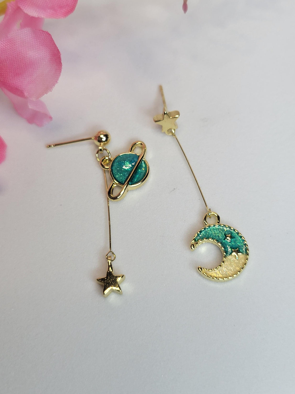Celestial Mismatch Earrings, Planet and Moon with Stars in Green and Rose, Cosmic Jewelry