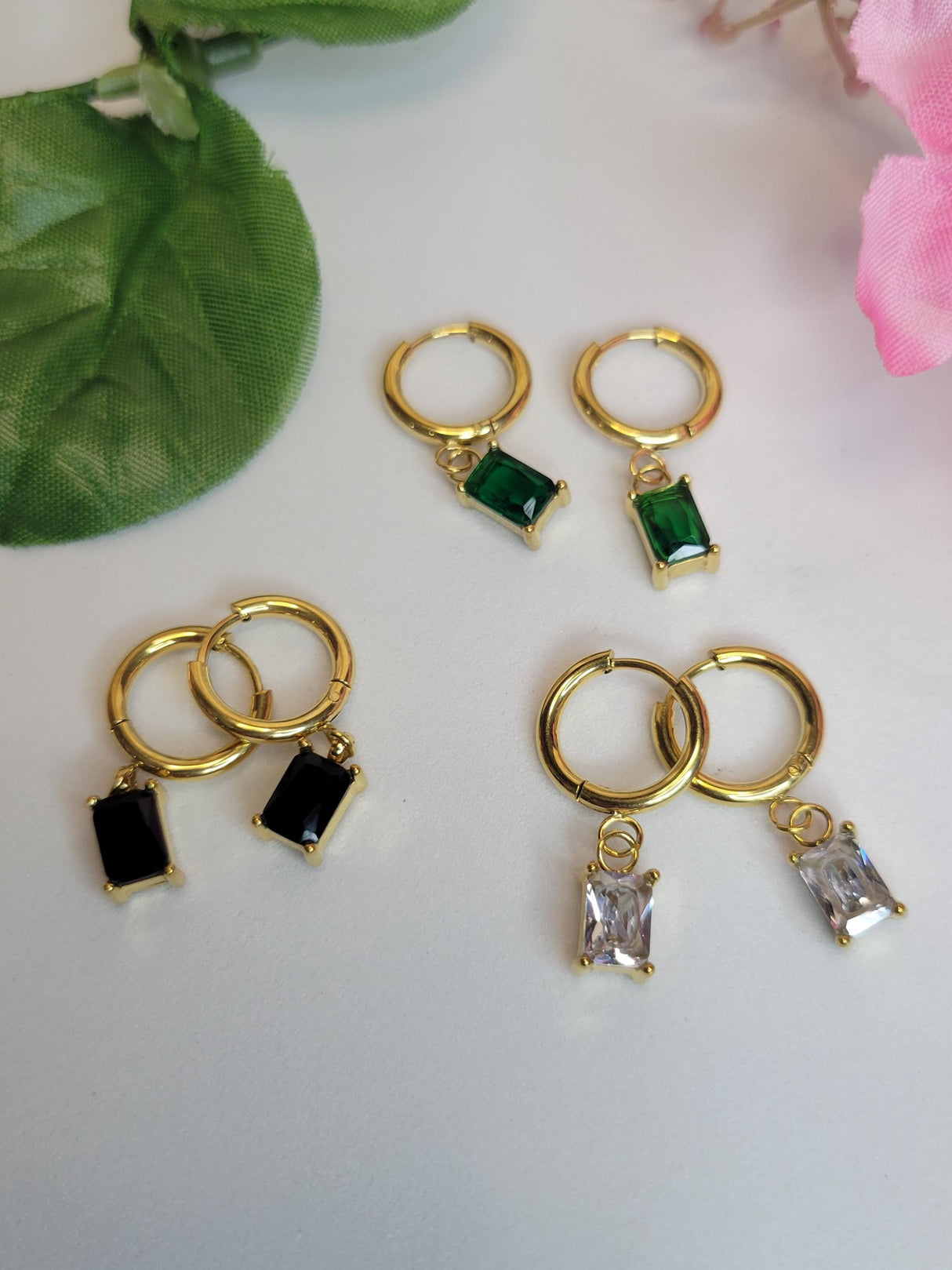 Modern Mystic Hoops - Gold Tone Earrings with Rectangular White & Green Stones, Boho Chic Jewelry