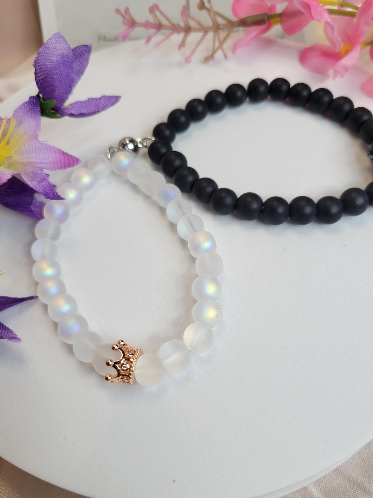 Handmade Set Black & White Beaded Jewelry for Him and Her-Couple Bracelet Set-Handmade Bracelets for Lovers