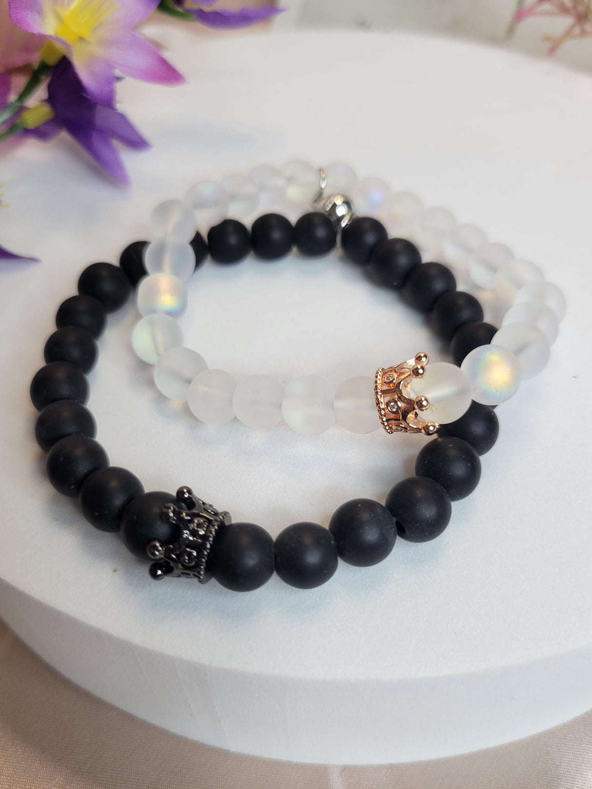 Handmade Set Black & White Beaded Jewelry for Him and Her-Couple Bracelet Set-Handmade Bracelets for Lovers