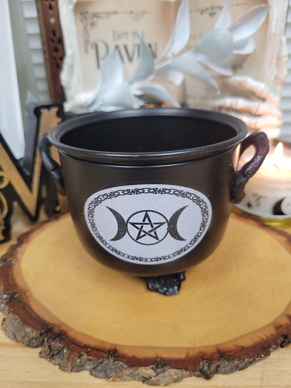 Triple Moon Pentagram Cauldron Burner Black Metal Cauldron Altar Burner