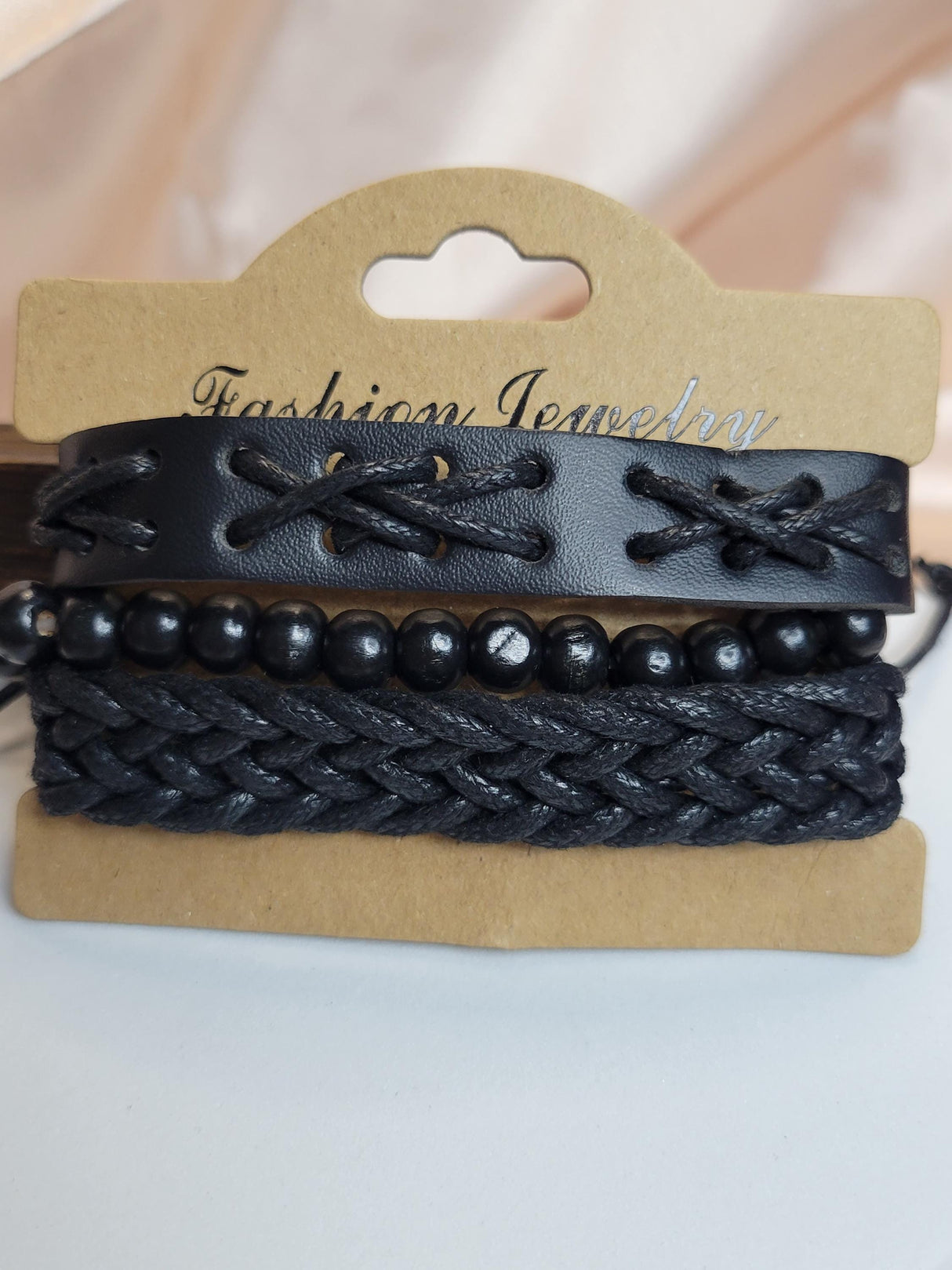 Black Braided Leather Bracelet Set – Adjustable Unisex Boho Wristbands