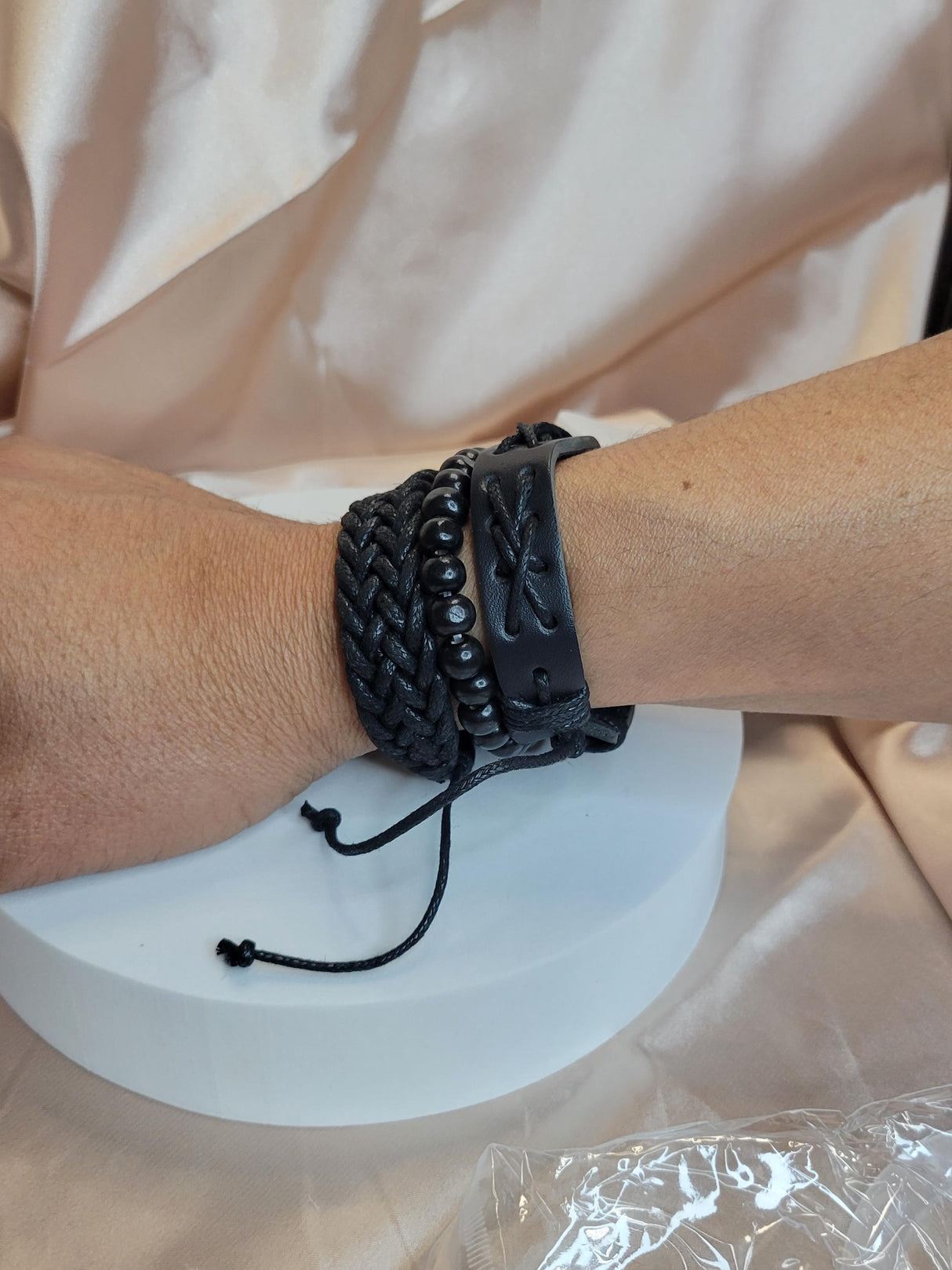 Black Braided Leather Bracelet Set – Adjustable Unisex Boho Wristbands