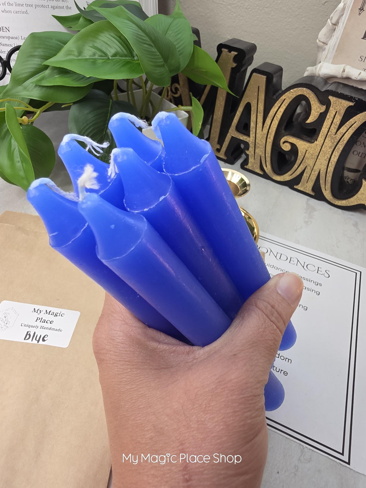 Blue Colored Taper Candles Set with Candle Holder, Color Guide, Altar Decor, Meditation Gift