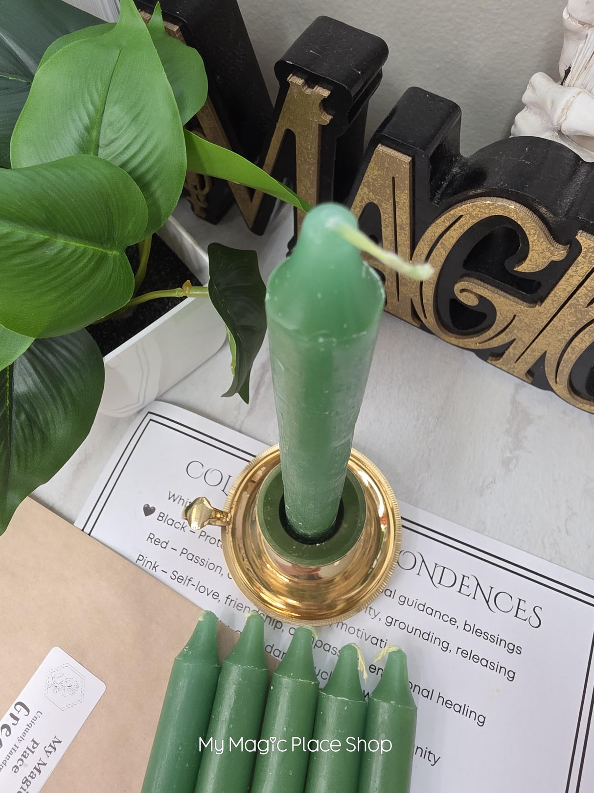 Green Colored Taper Candles Set with Candle Holder, Color Guide, Altar Decor, Meditation Gift