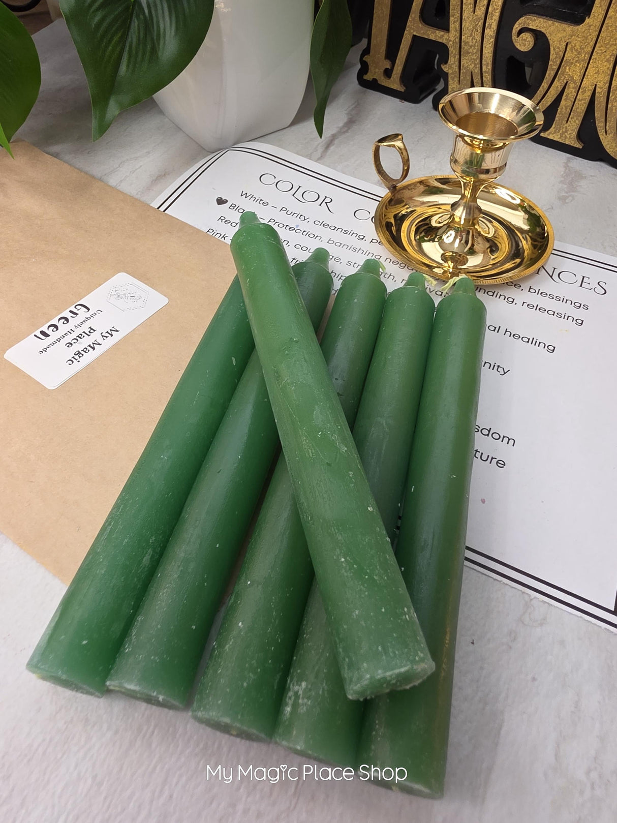 Green Colored Taper Candles Set with Candle Holder, Color Guide, Altar Decor, Meditation Gift