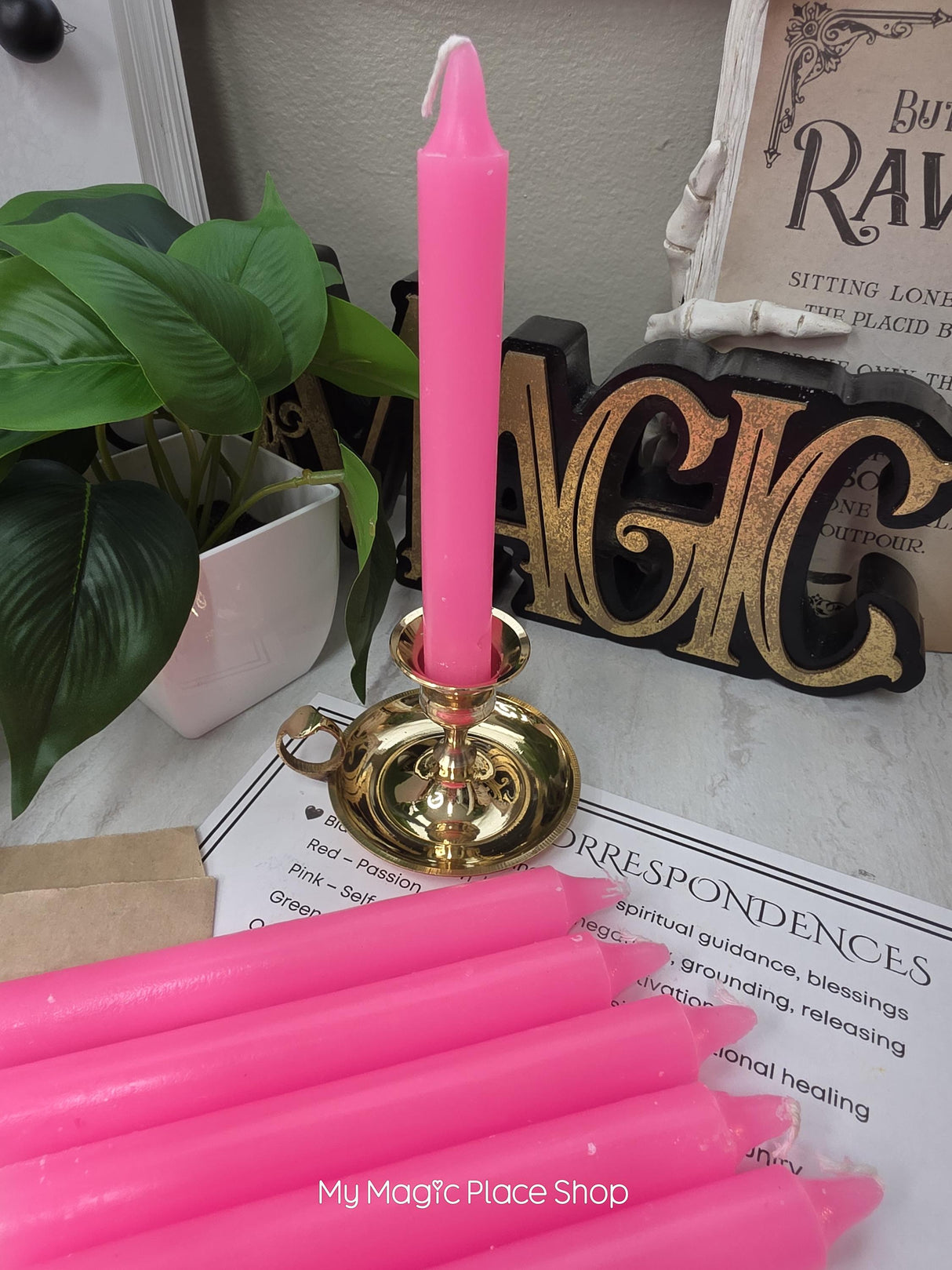 Pink Colored Taper Candles Set with Candle Holder, Color Guide, Altar Decor, Meditation Gift