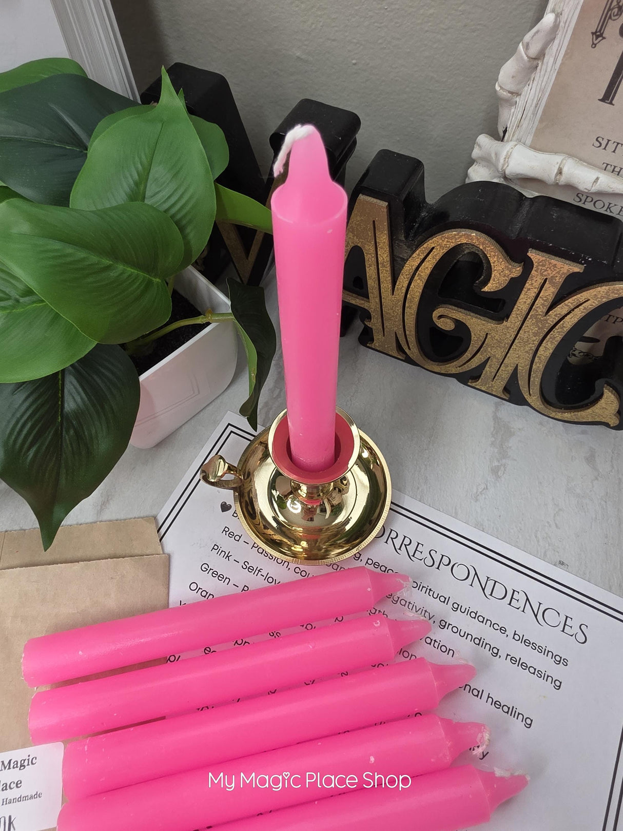 Pink Colored Taper Candles Set with Candle Holder, Color Guide, Altar Decor, Meditation Gift