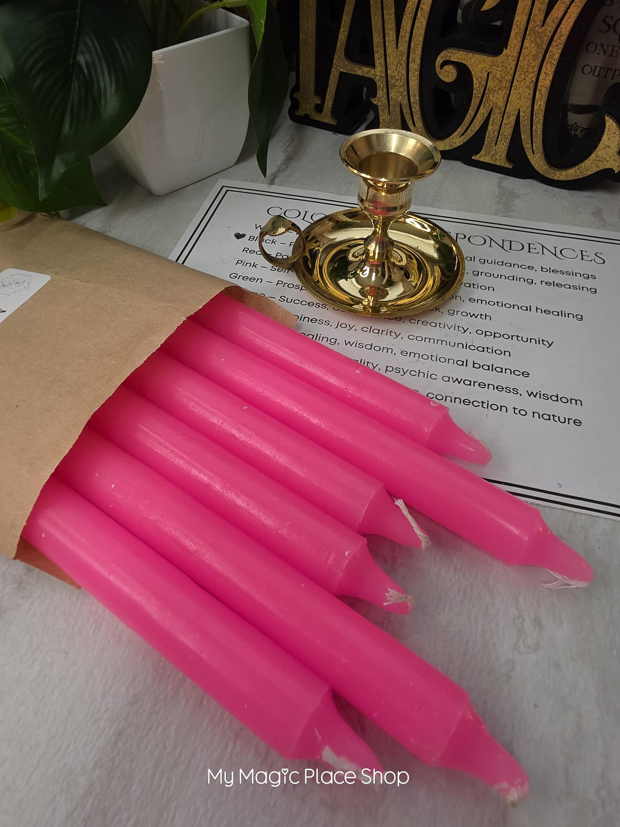 Pink Colored Taper Candles Set with Candle Holder, Color Guide, Altar Decor, Meditation Gift