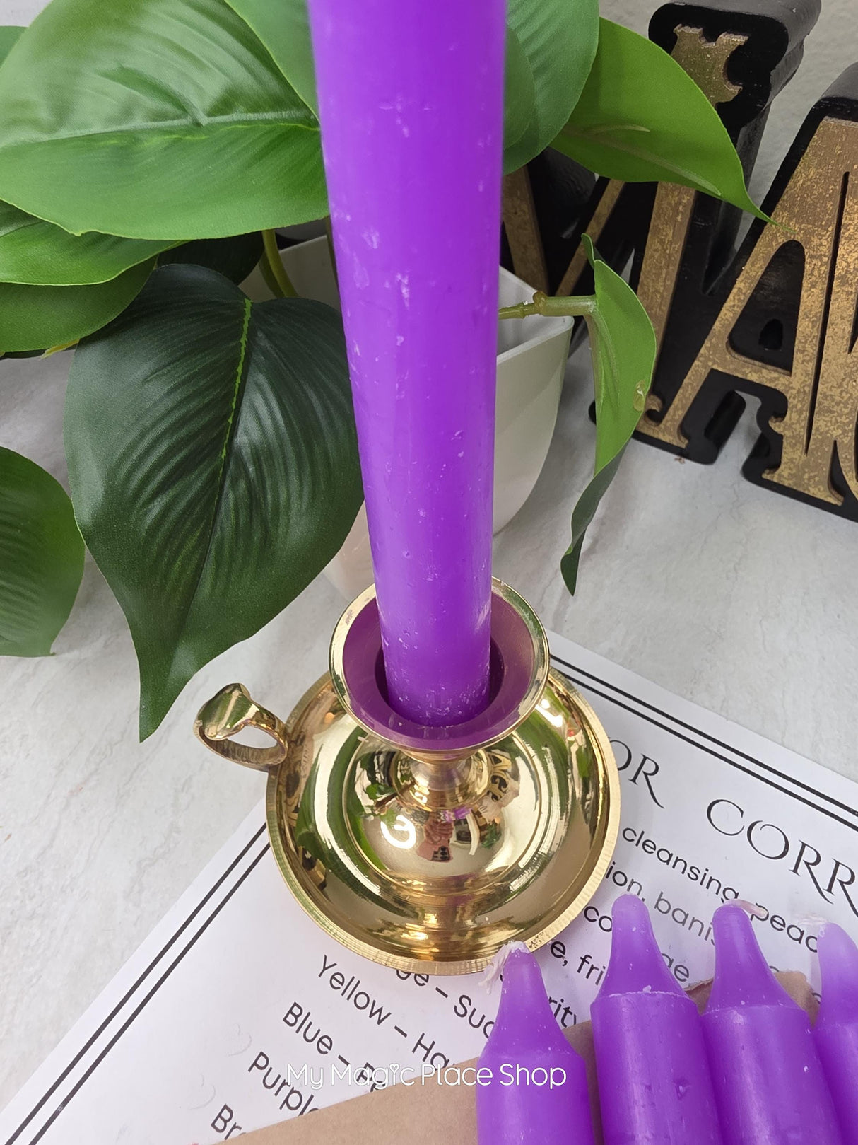 Purple Colored Taper Candles Set with Candle Holder, Color Guide, Altar Decor, Meditation Gift