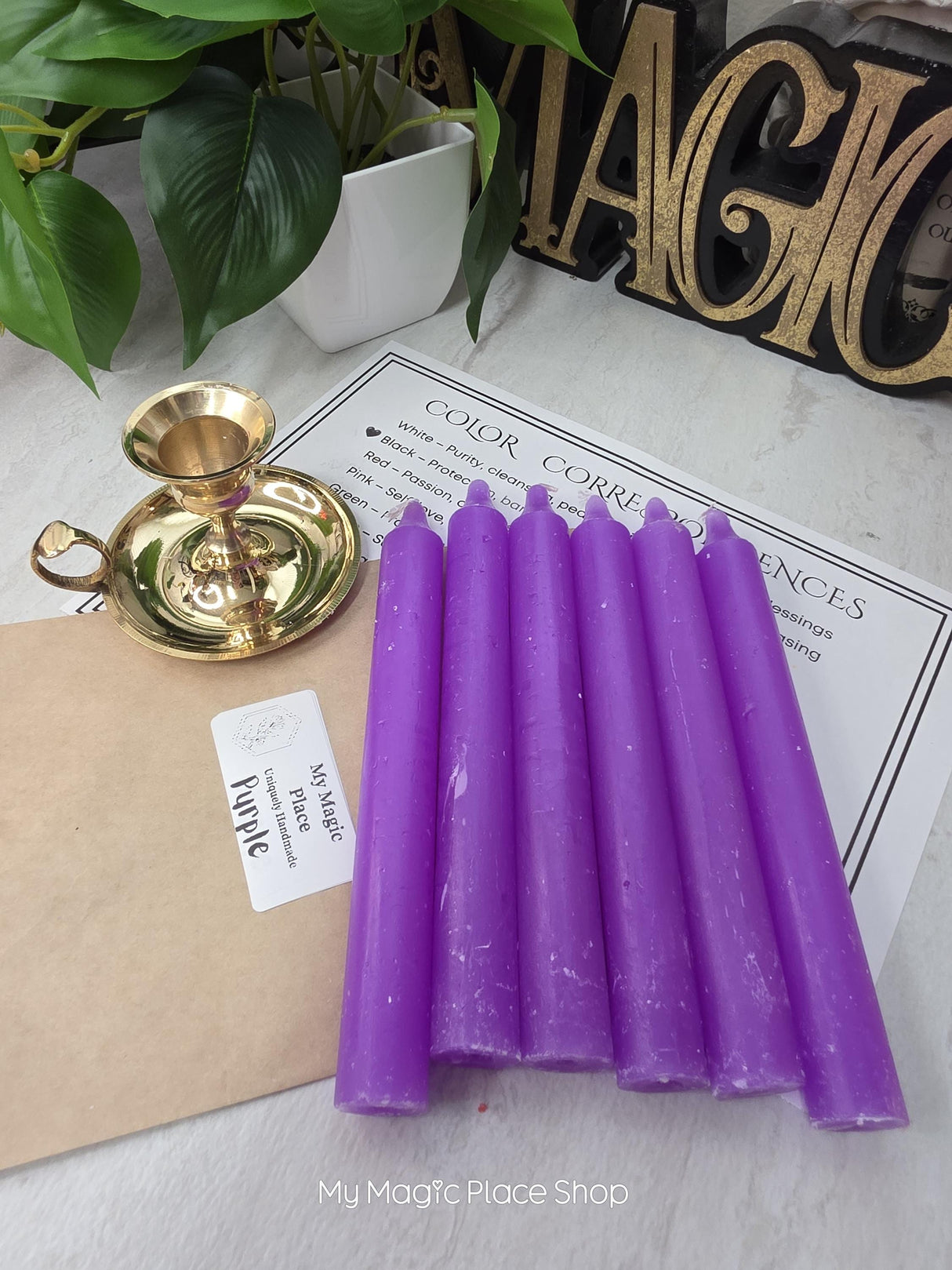 Purple Colored Taper Candles Set with Candle Holder, Color Guide, Altar Decor, Meditation Gift