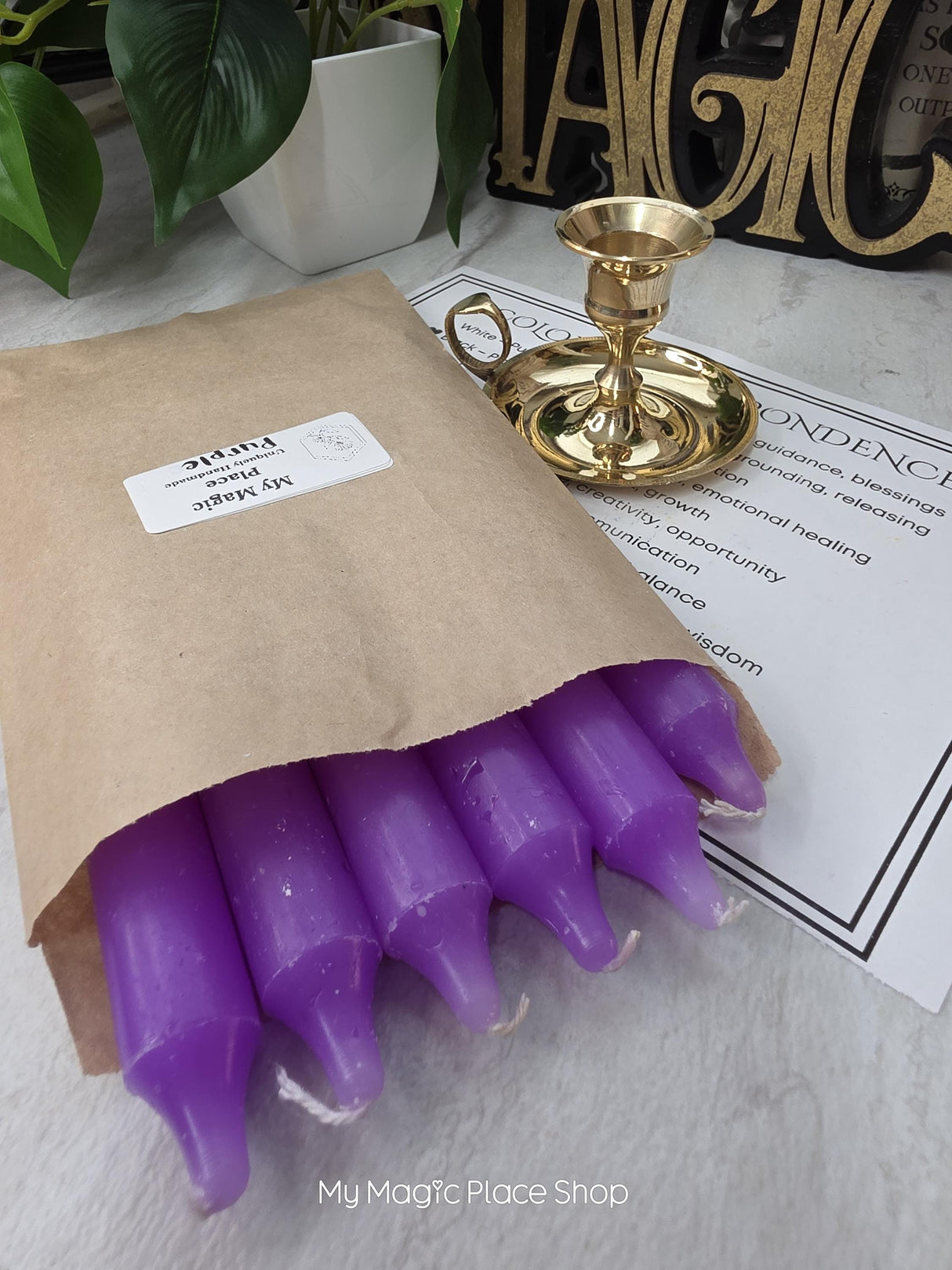 Purple Colored Taper Candles Set with Candle Holder, Color Guide, Altar Decor, Meditation Gift