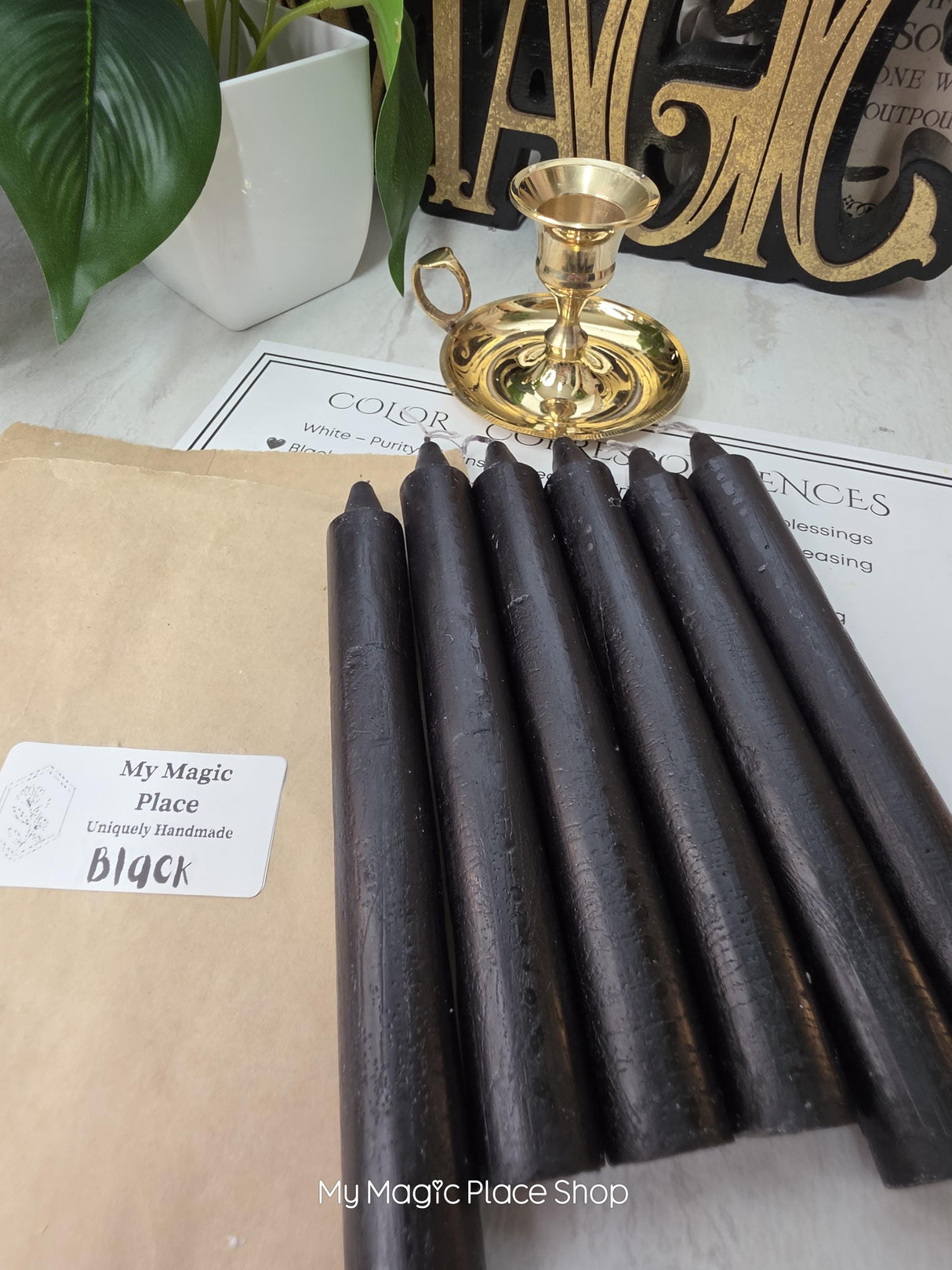 Black Colored Taper Candles Set with Candle Holder, Color Guide, Altar Decor, Meditation Gift