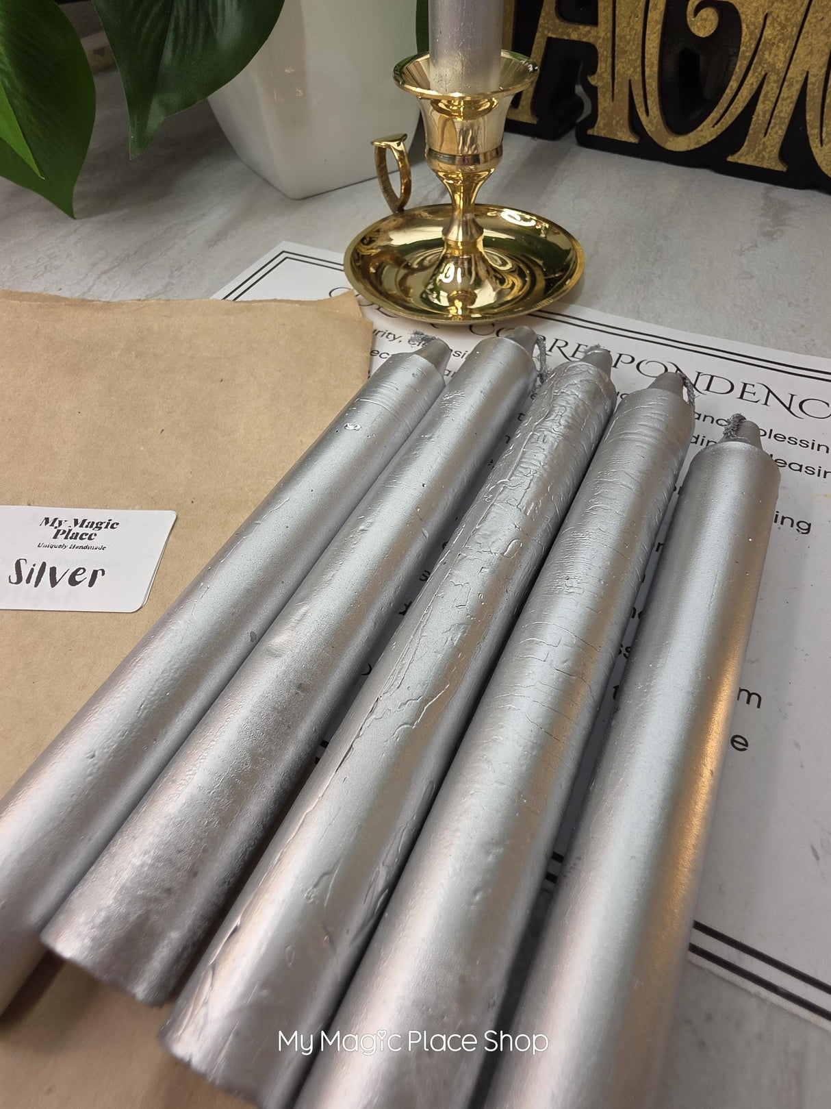 Silver Colored Taper Candles Set with Candle Holder, Color Guide, Altar Decor, Meditation Gift