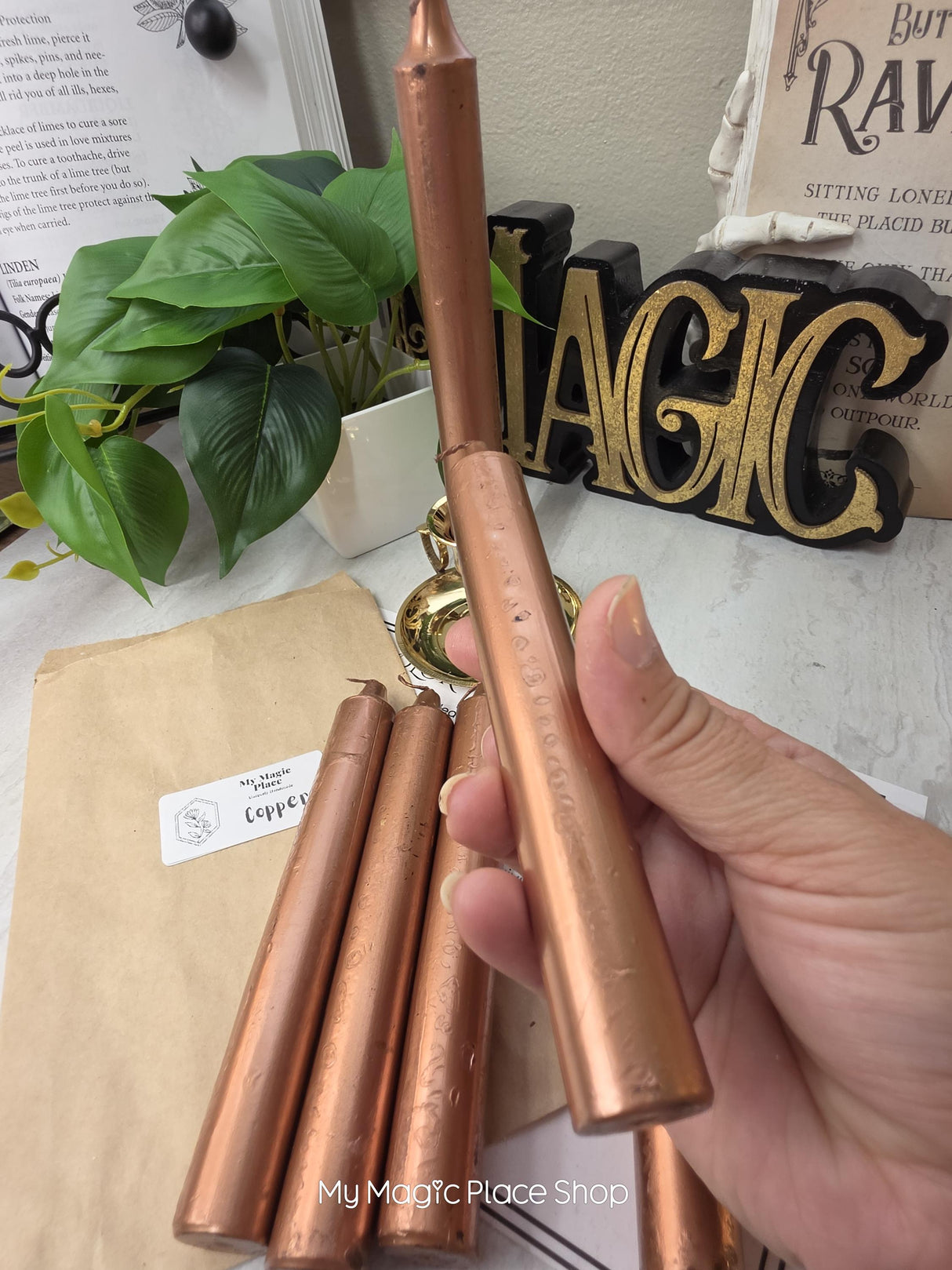 Copper Colored Taper Candles Set with Candle Holder, Color Guide, Altar Decor, Meditation Gift