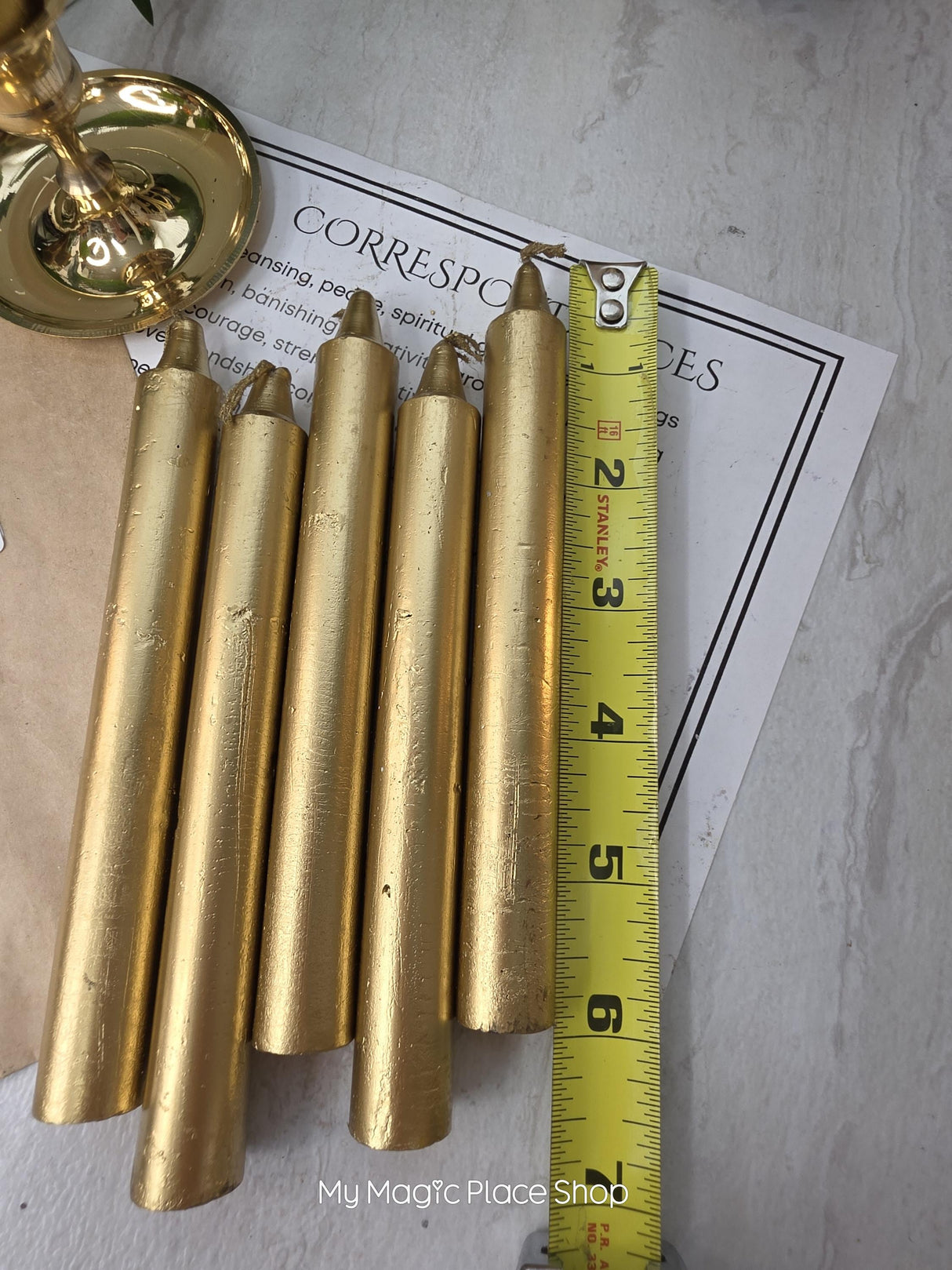 Gold Colored Taper Candles Set with Candle Holder, Color Guide, Altar Decor, Meditation Gift