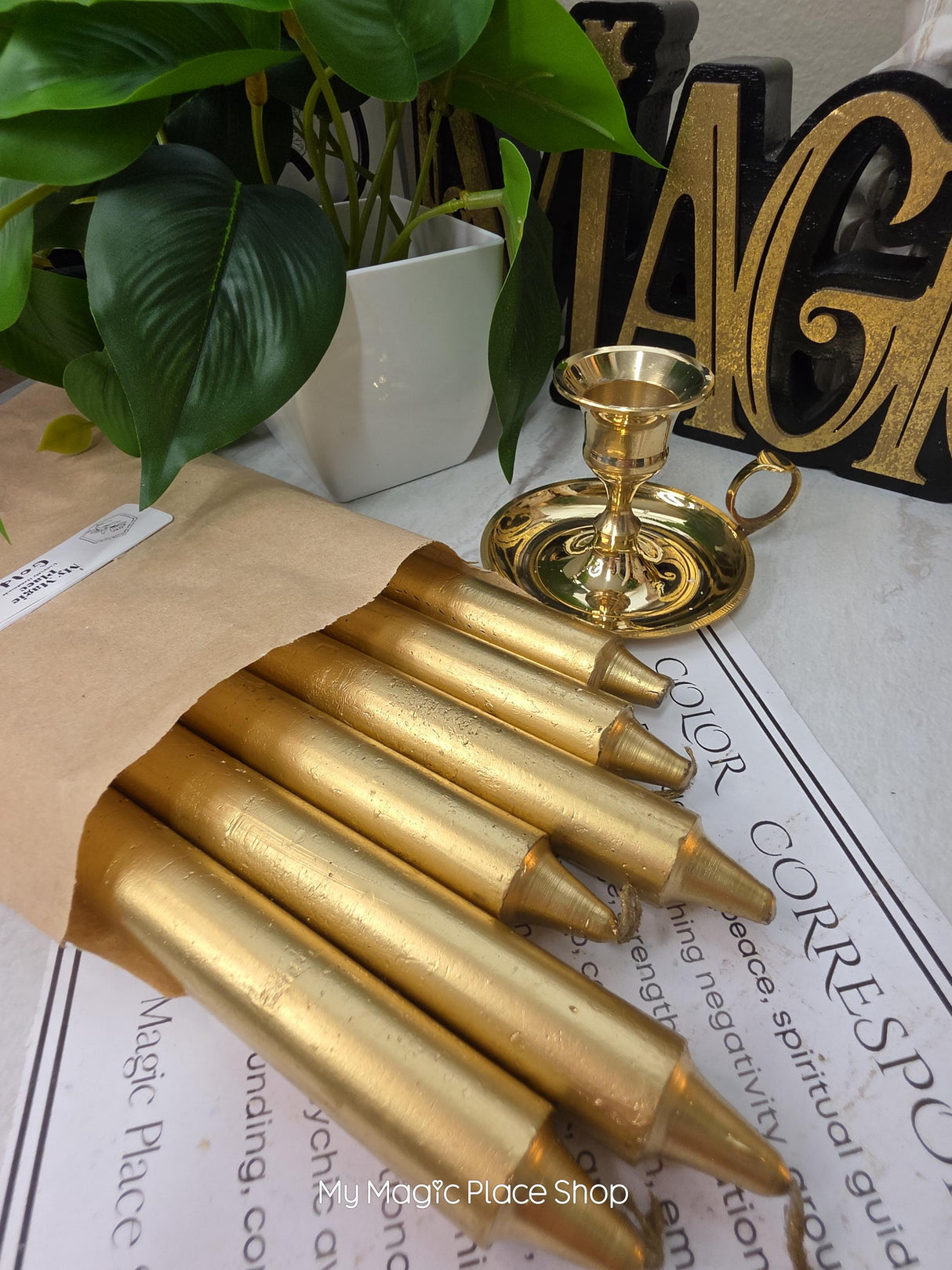Gold Colored Taper Candles Set with Candle Holder, Color Guide, Altar Decor, Meditation Gift