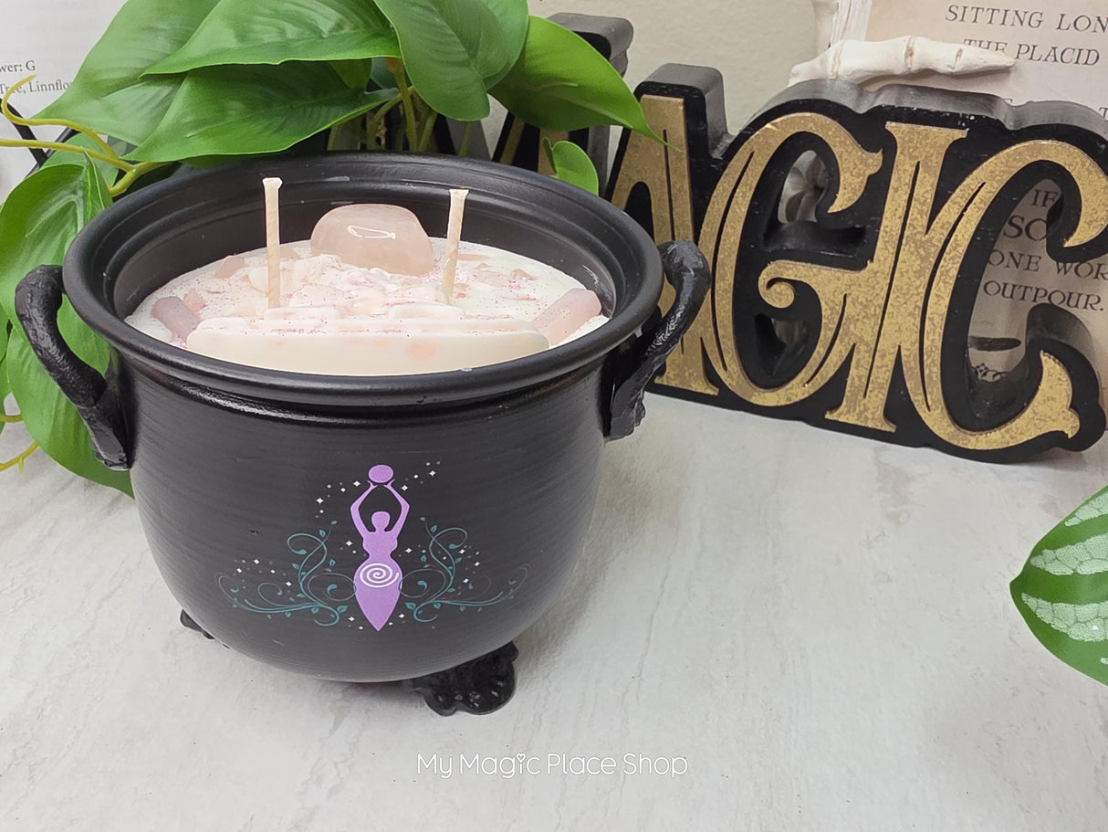 Rose Quartz Cauldron Candle | Handmade Soy Wax | Double Wick Decorative | Witchy Home Decor